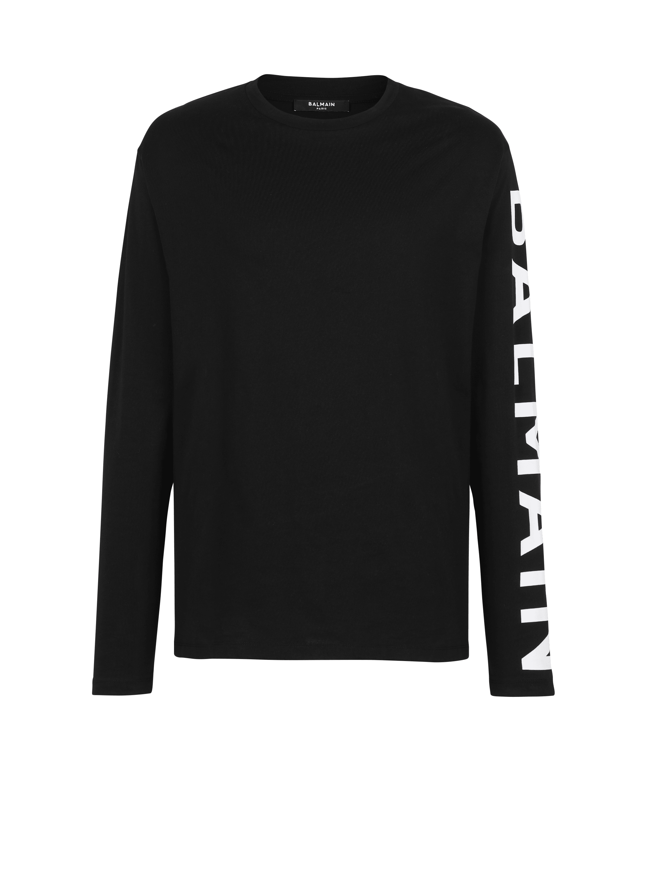 Long-sleeved cotton T-shirt with Balmain signature on sleeve