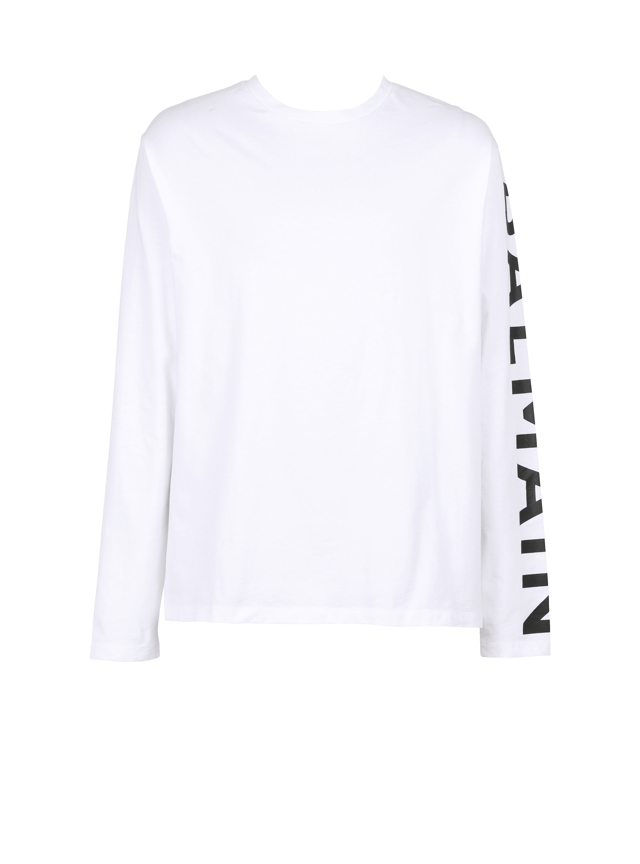 Long-sleeved cotton T-shirt with Balmain signature on sleeve, white, hi-res