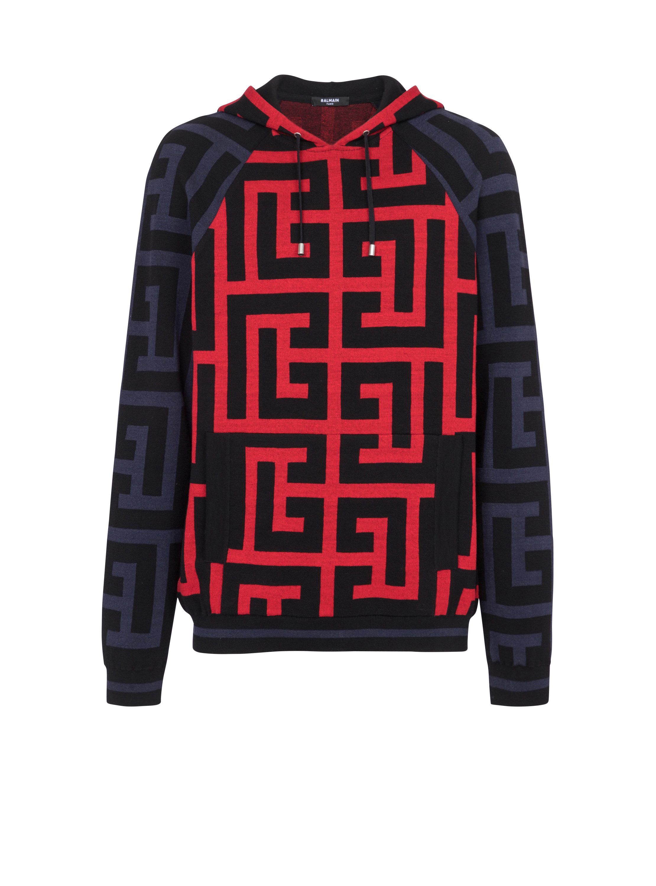 Hooded wool sweatshirt with maxi Balmain monogram print, red, hi-res