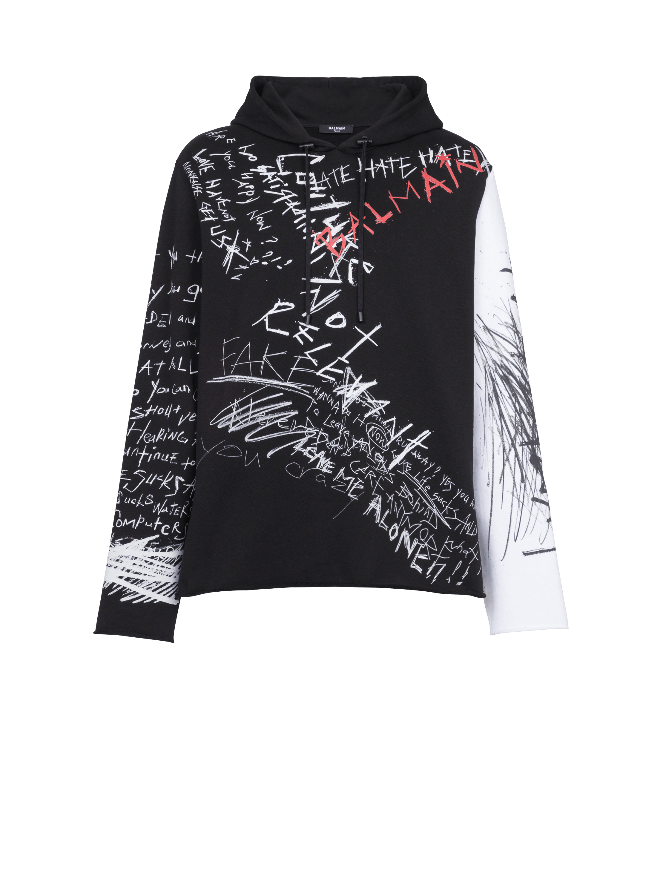 Hooded cotton sweatshirt with graffiti Balmain logo print, black, hi-res