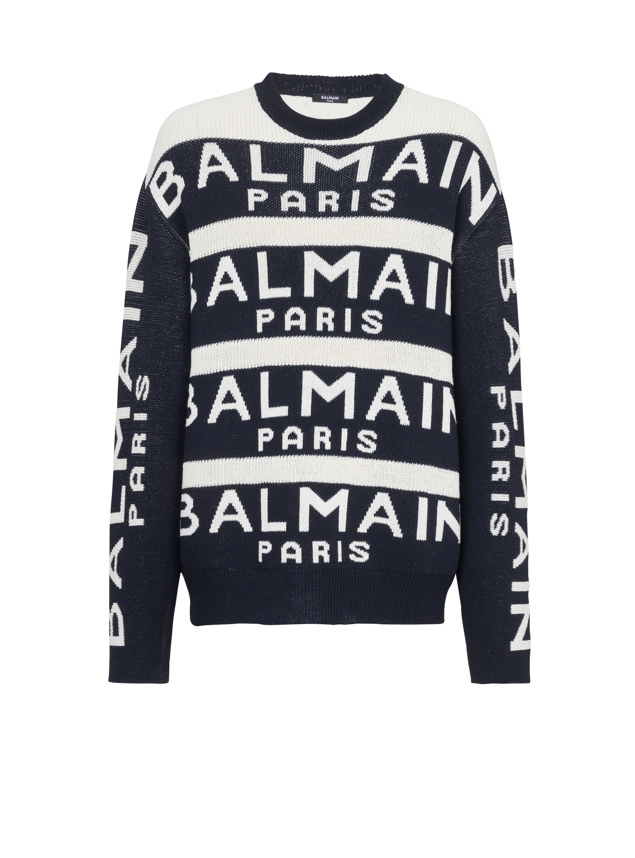 Balmain Paris 로고 자수 디테일 스웨터, black, hi-res