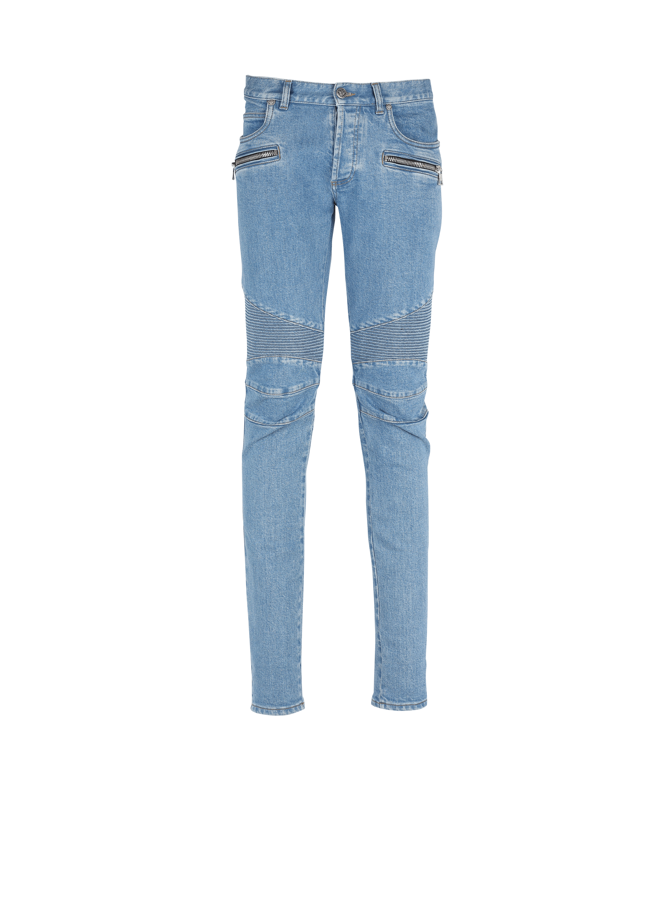 Slim cut ridged cotton jeans with Balmain monogram hem, blue, hi-res