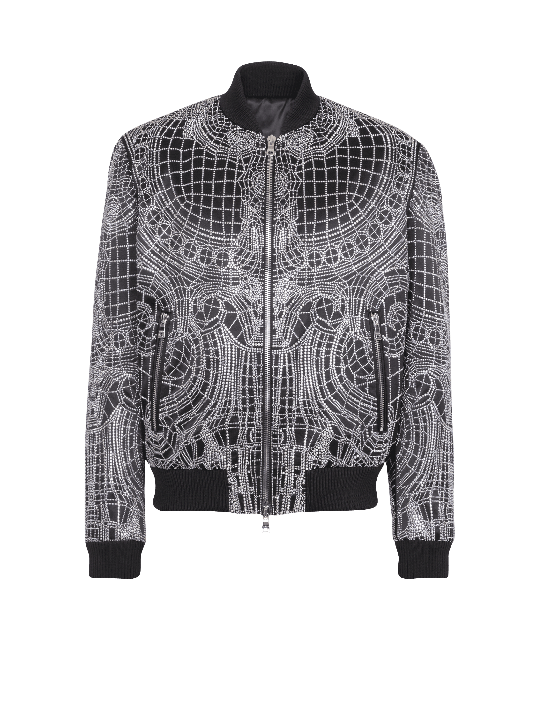 Embroidered silk bomber jacket, silver, hi-res