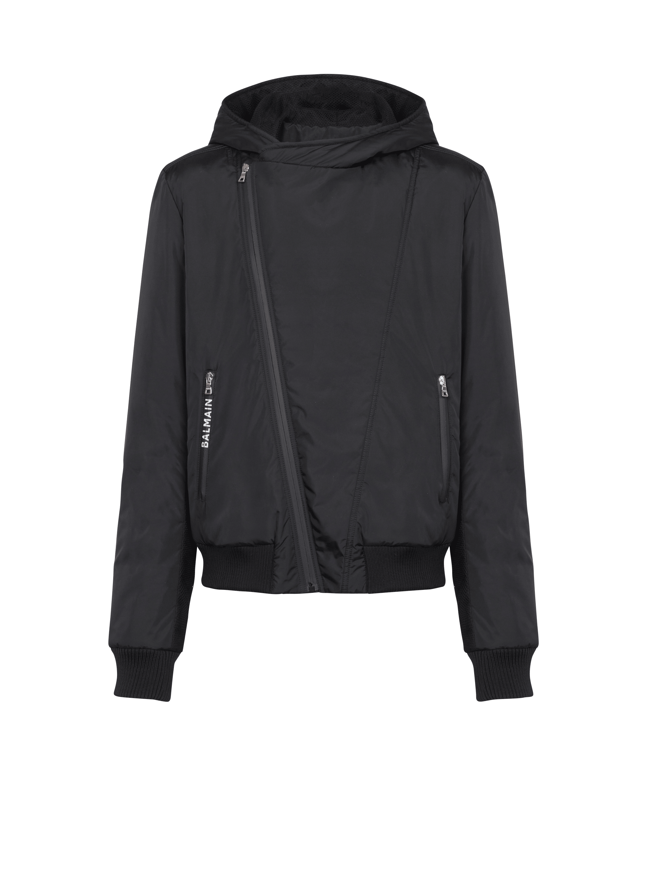Zipped bomber jacket with nylon hood, black, hi-res