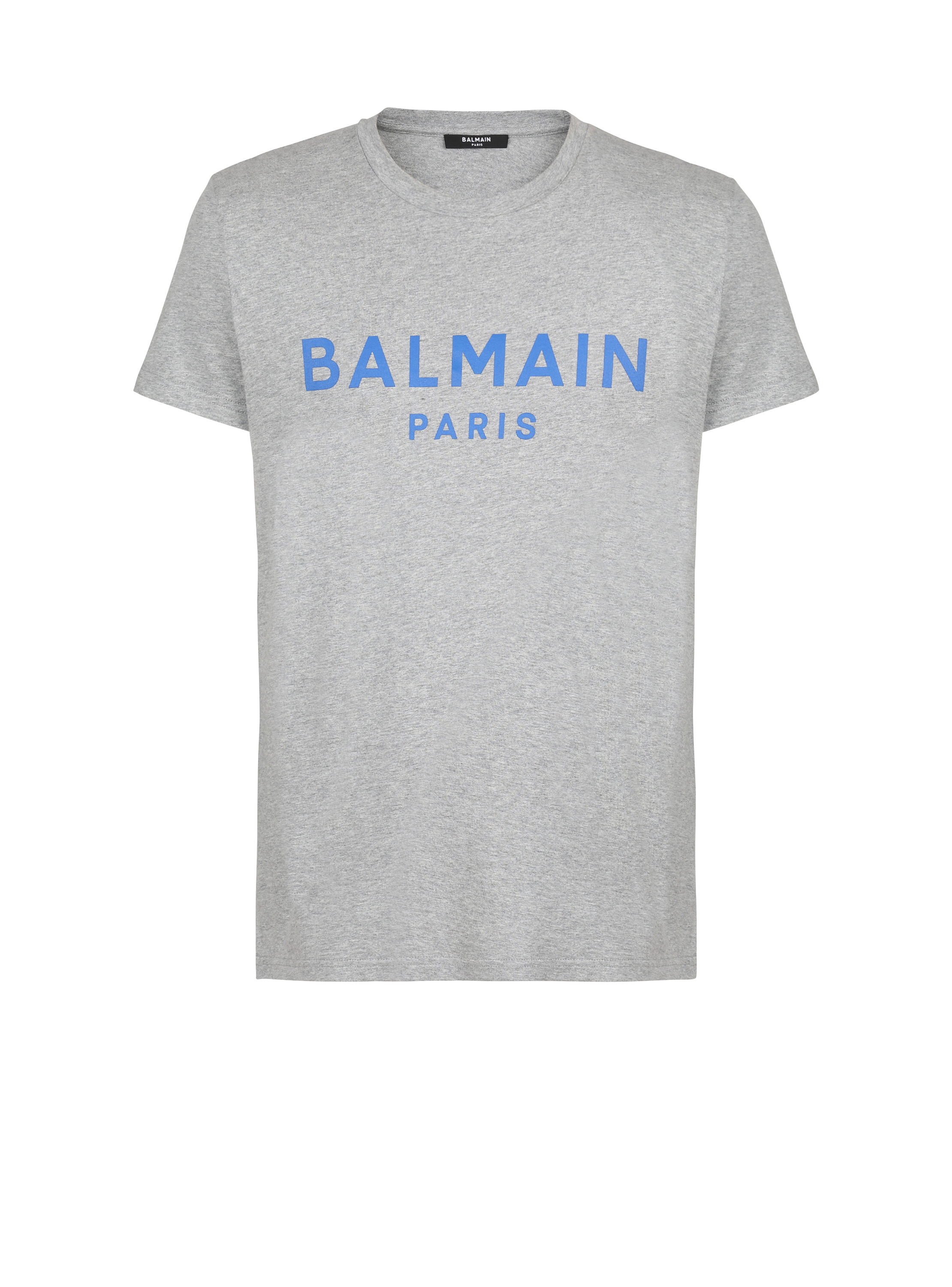 Camiseta de algodón con logotipo de Balmain estampado, gris, hi-res