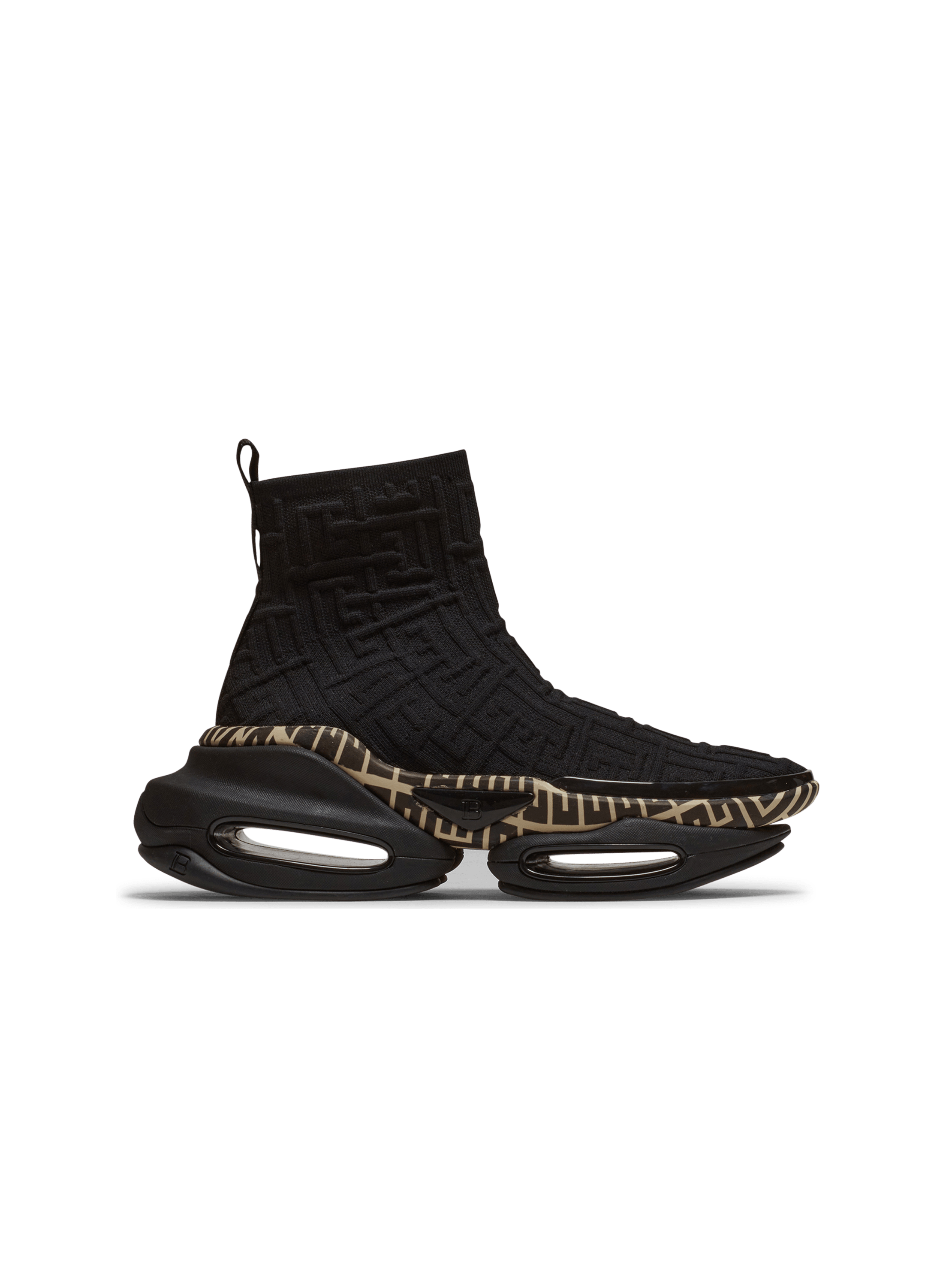 Sneakers alte B-Bold in maglia con monogramma Balmain, nero, hi-res