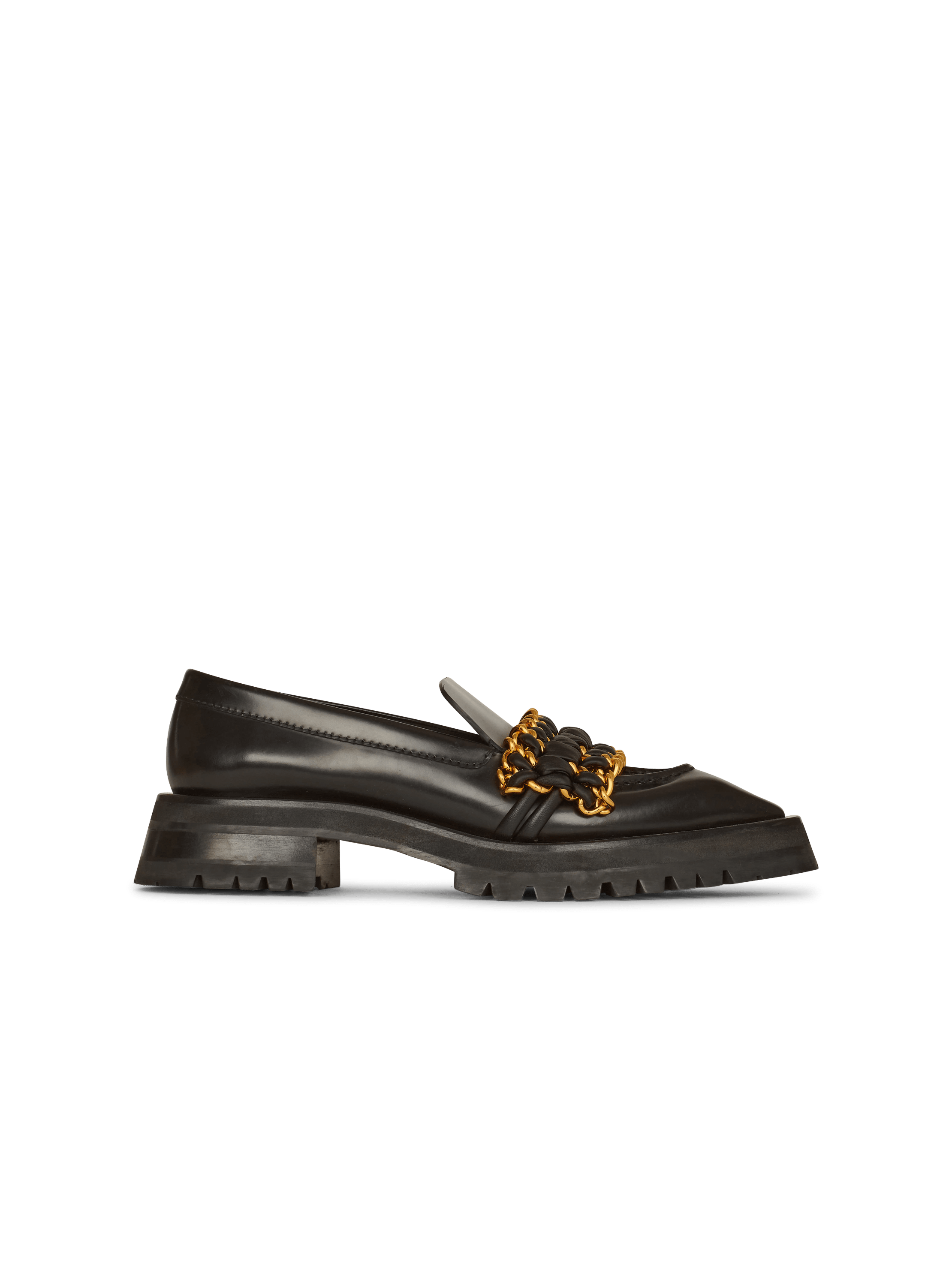 Leather Army loafers with chain, black, hi-res