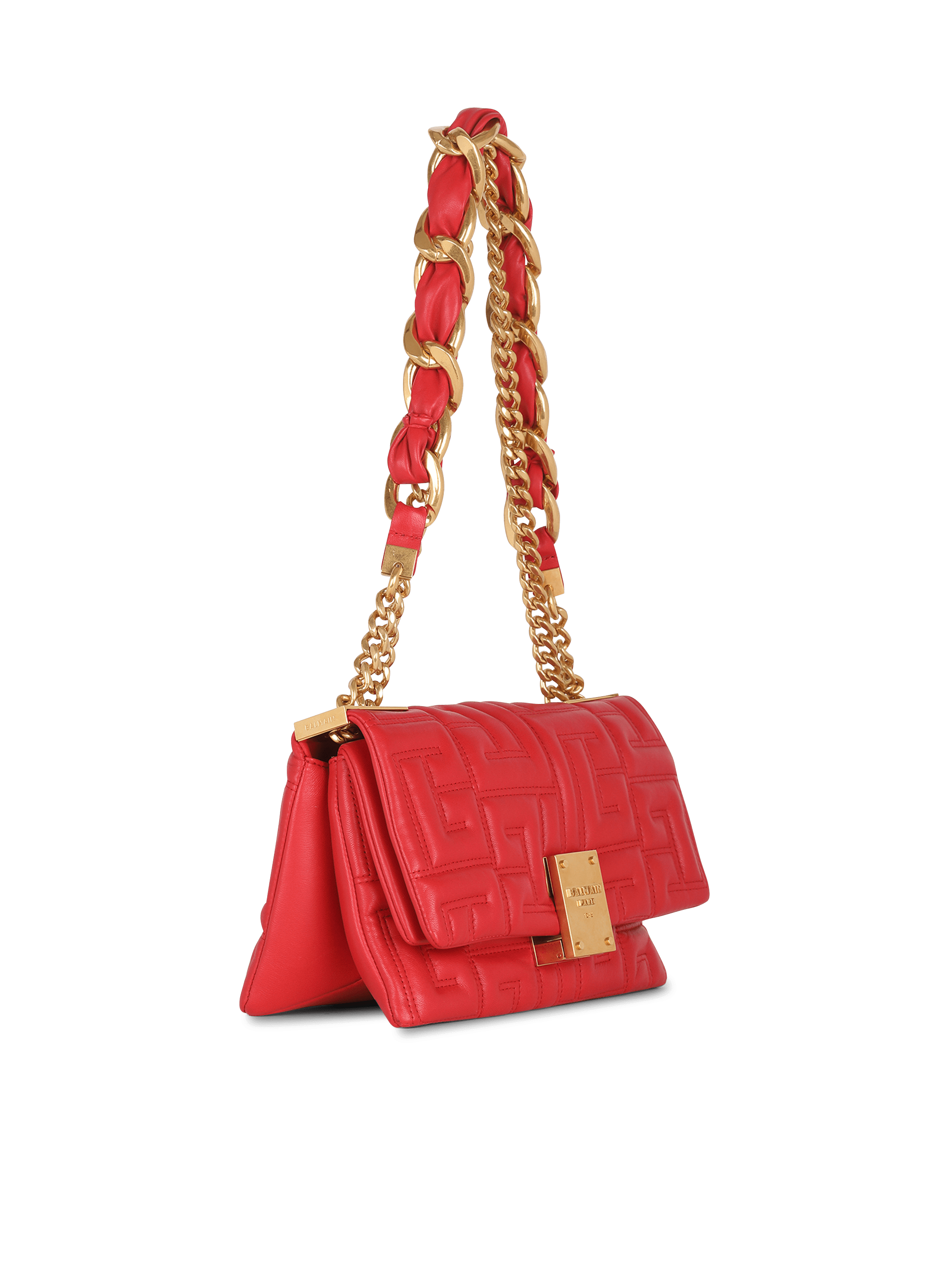 Red quilted store leather handbag