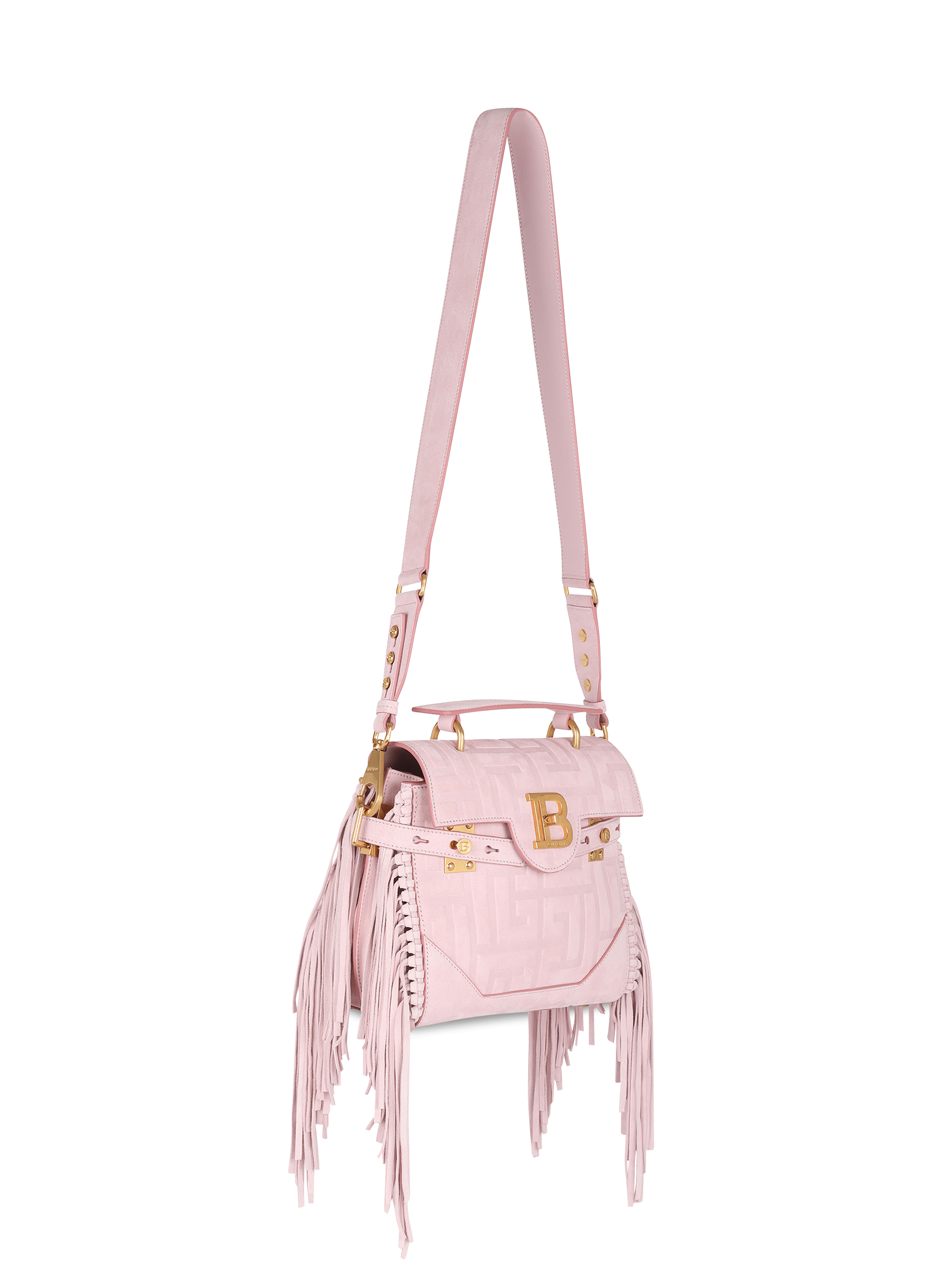 Pink embossed suede B Buzz 23 bag with fringe pink Women BALMAIN