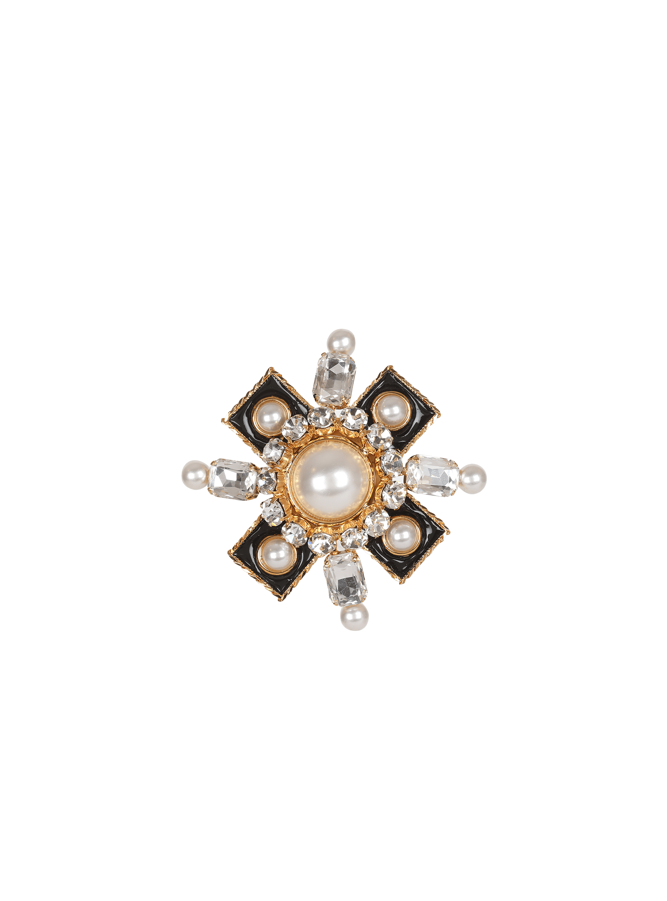 Metal cross-shaped brooch with pearls and rhinestones