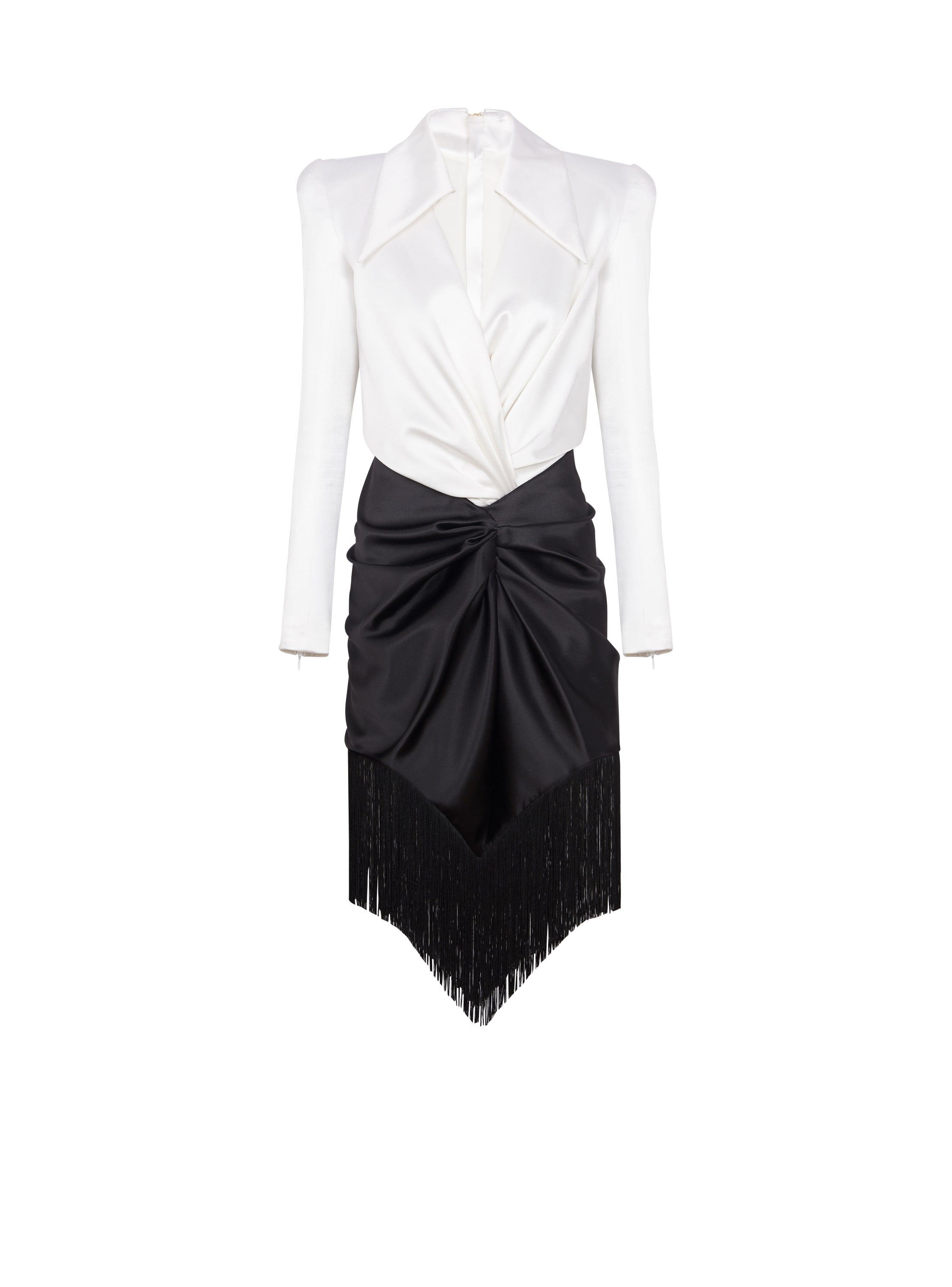 Balmain Draped and fringed satin tailored dress