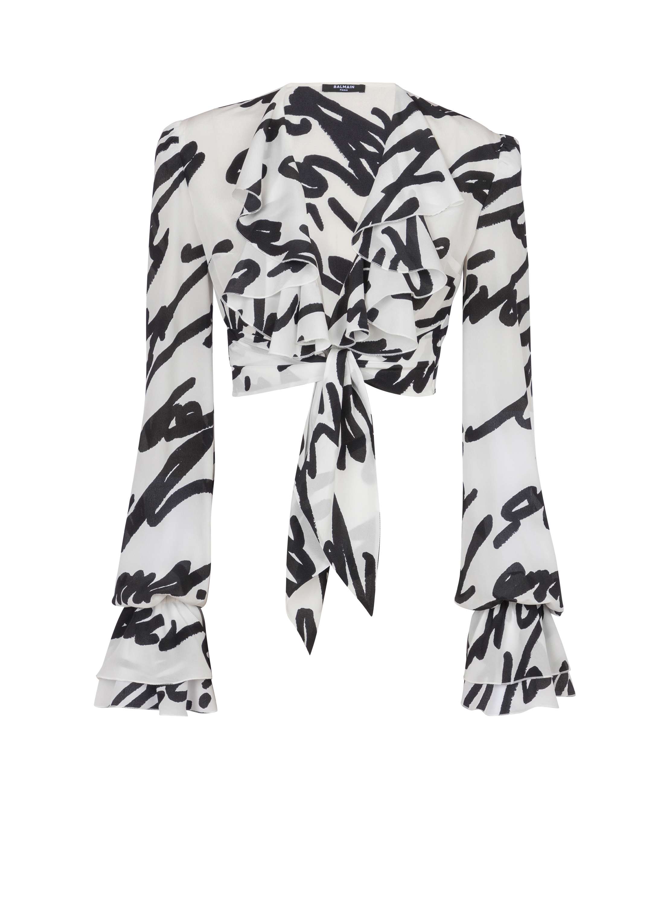 Balmain Ruffled Love Letter Knotted Crop Shirt In White