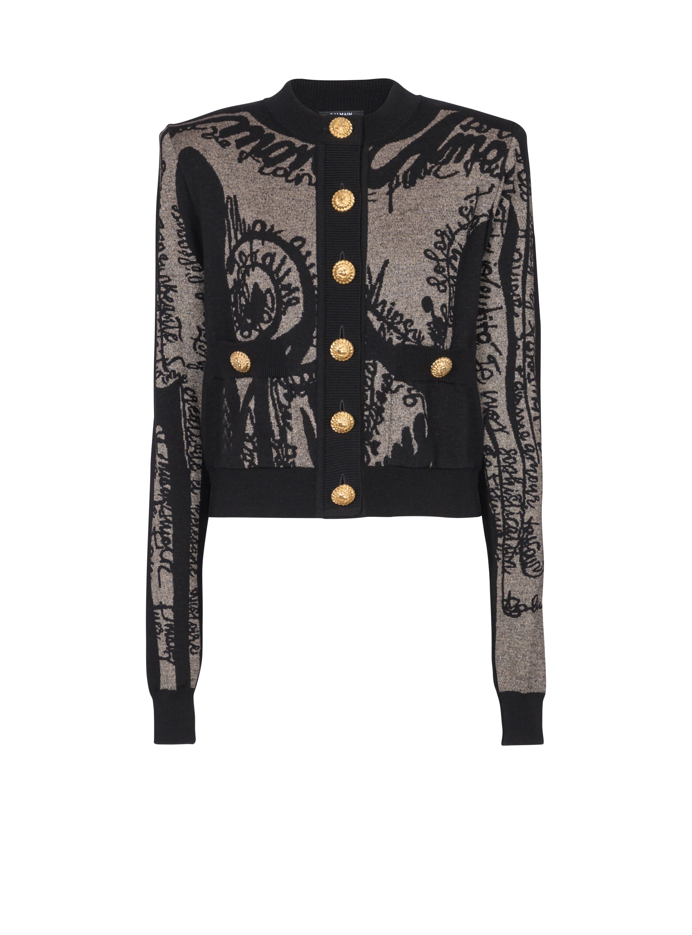 Balmain Jacquard Knit Cardigan With Body Motif In Black