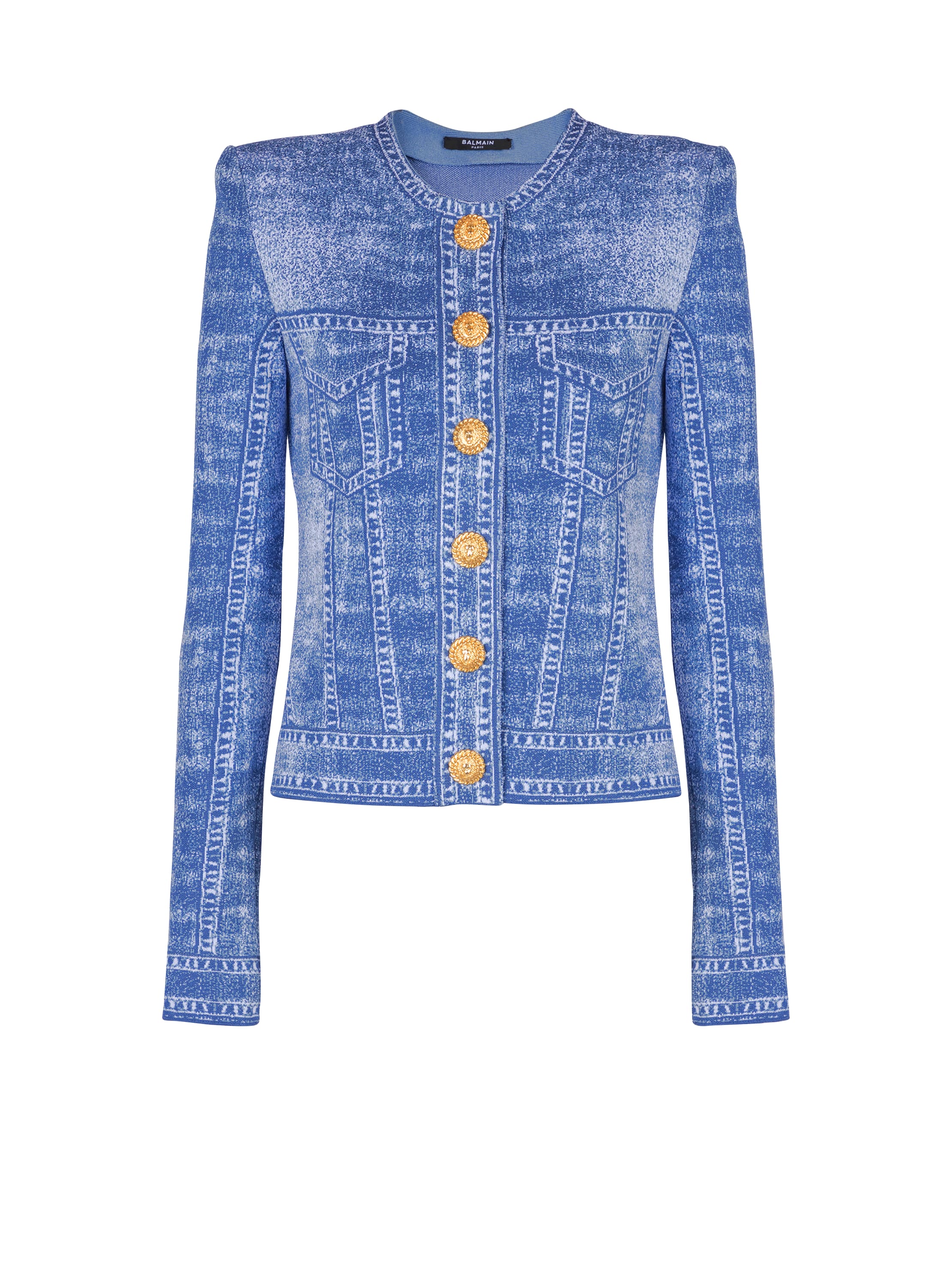 Balmain Jacquard Knit Cardigan With Denim Effect In Blue