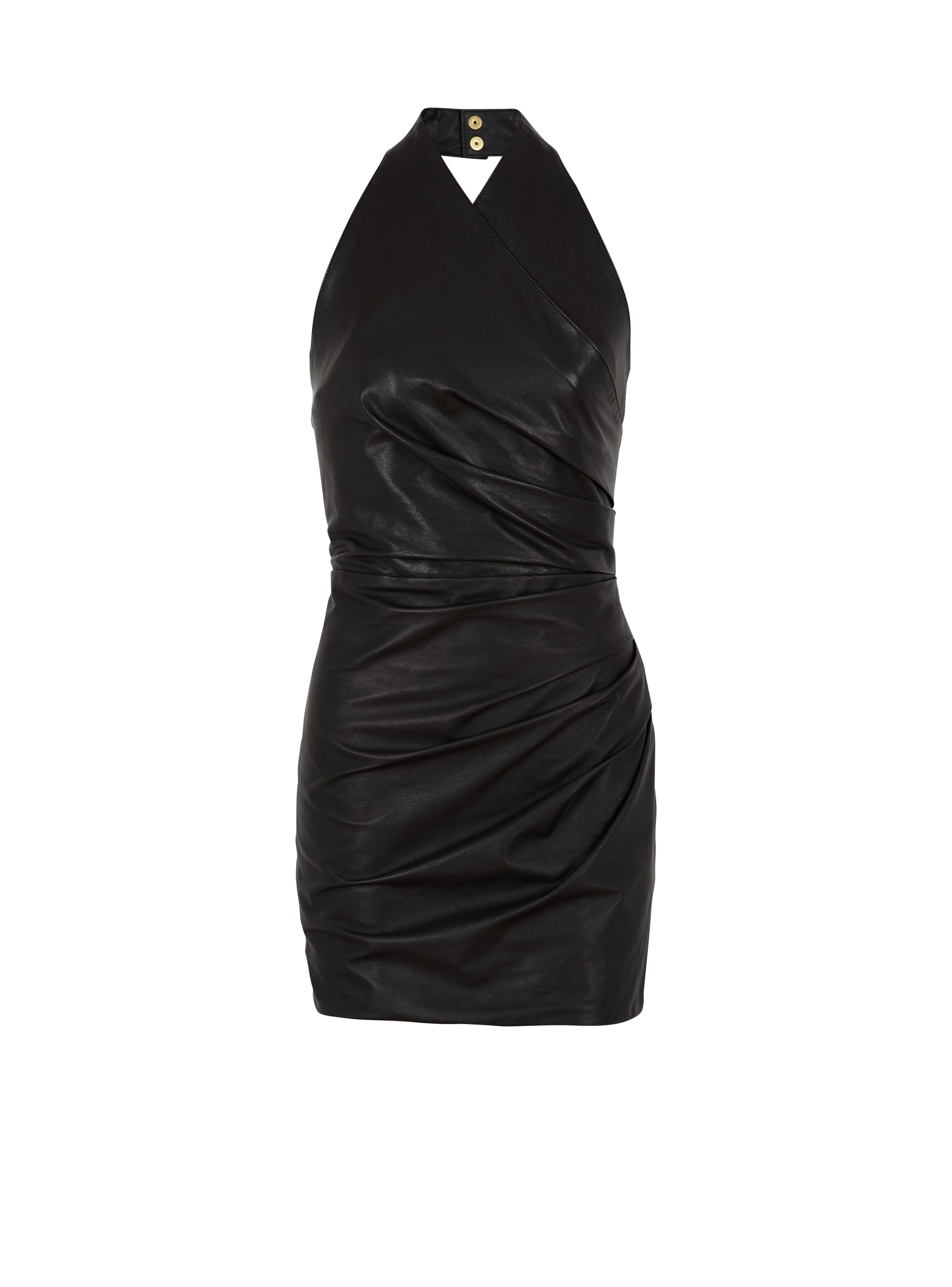 Balmain Short Draped Leather Halterneck Dress In Black