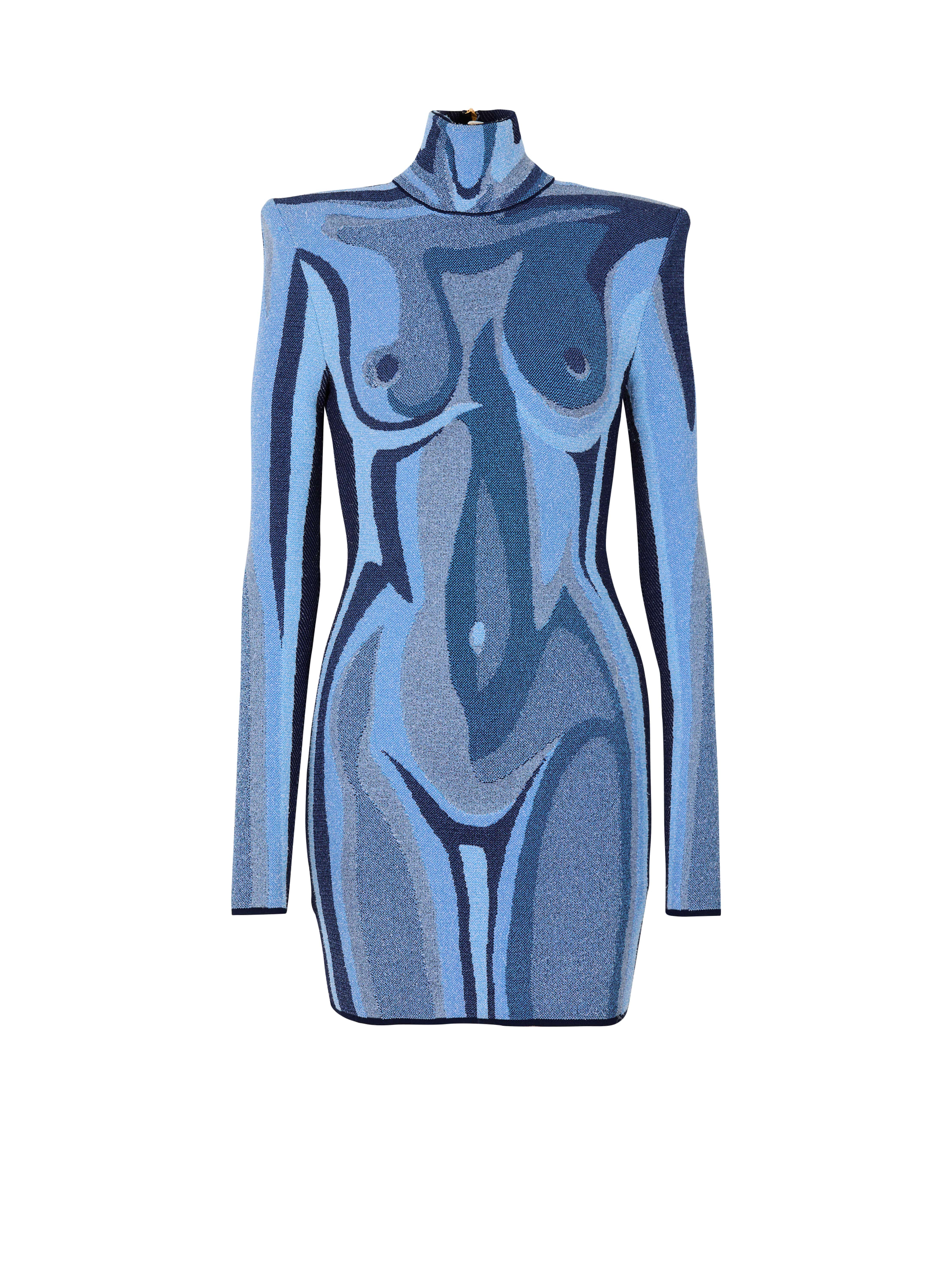 Balmain Jacquard Knit Dress With Body Motif In Blue