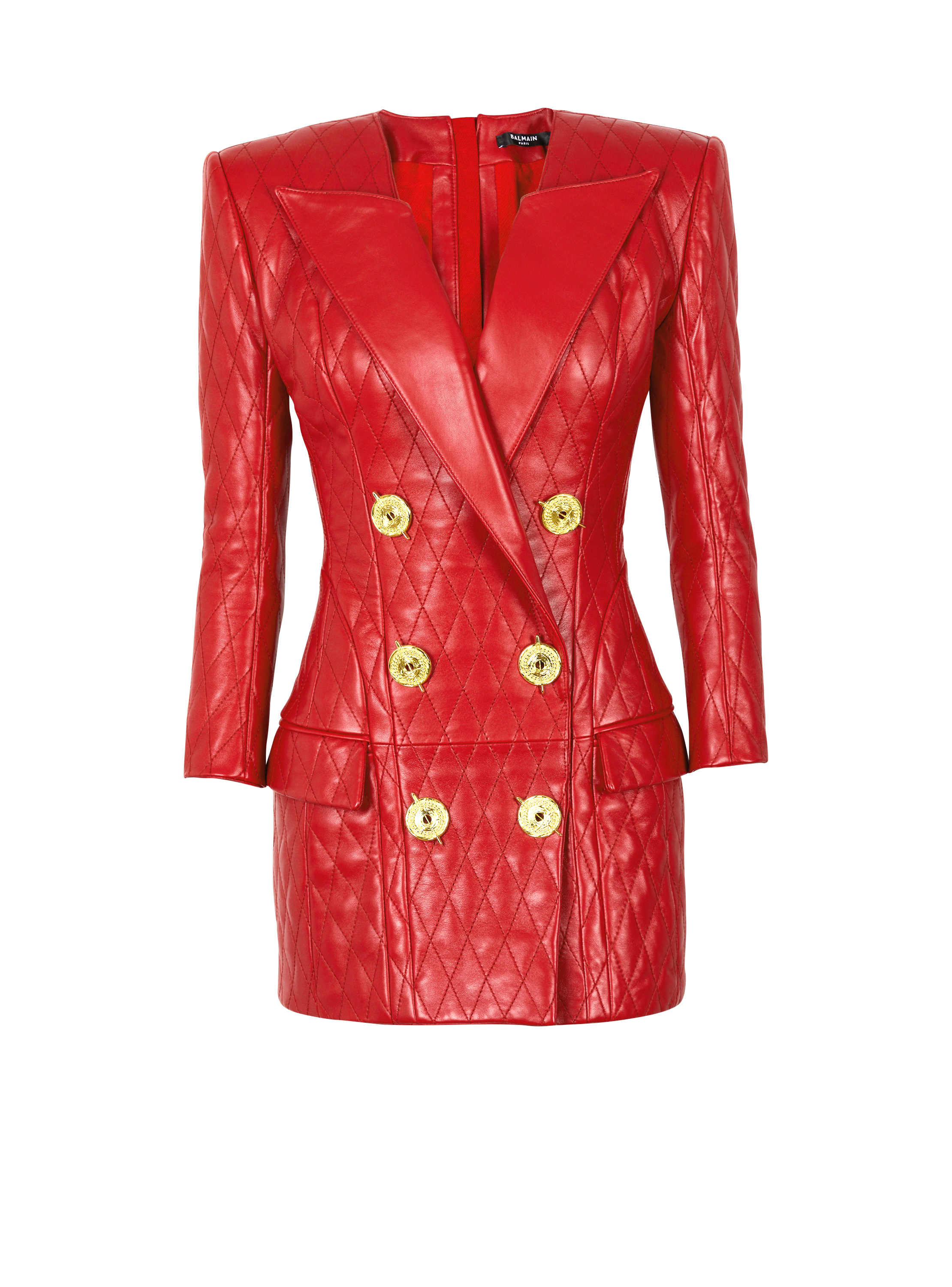 Balmain Short Quilted Leather Dress In Red
