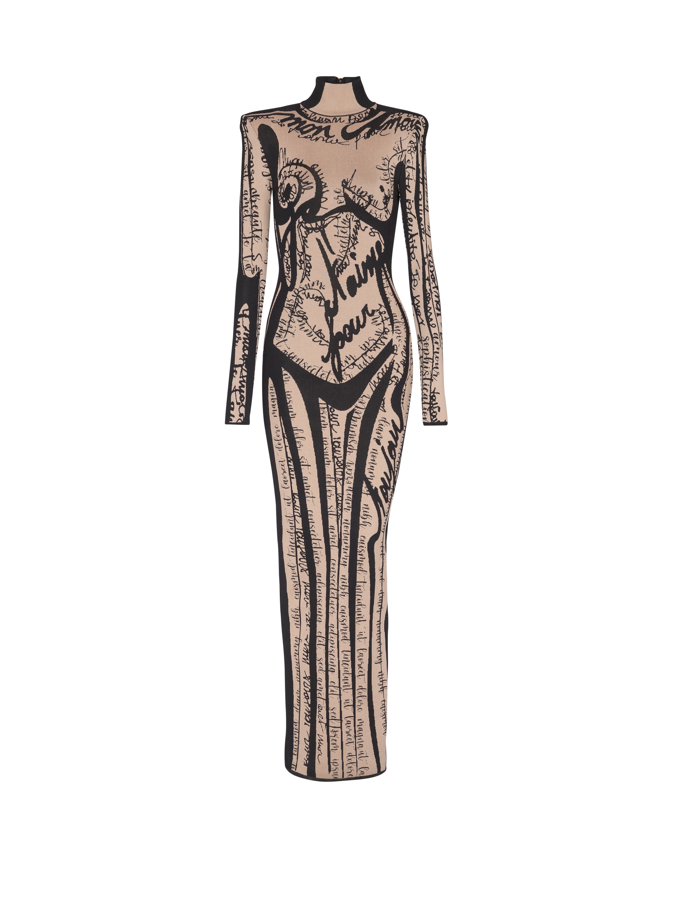 Balmain Long Knit Dress With Body Motif In Sand