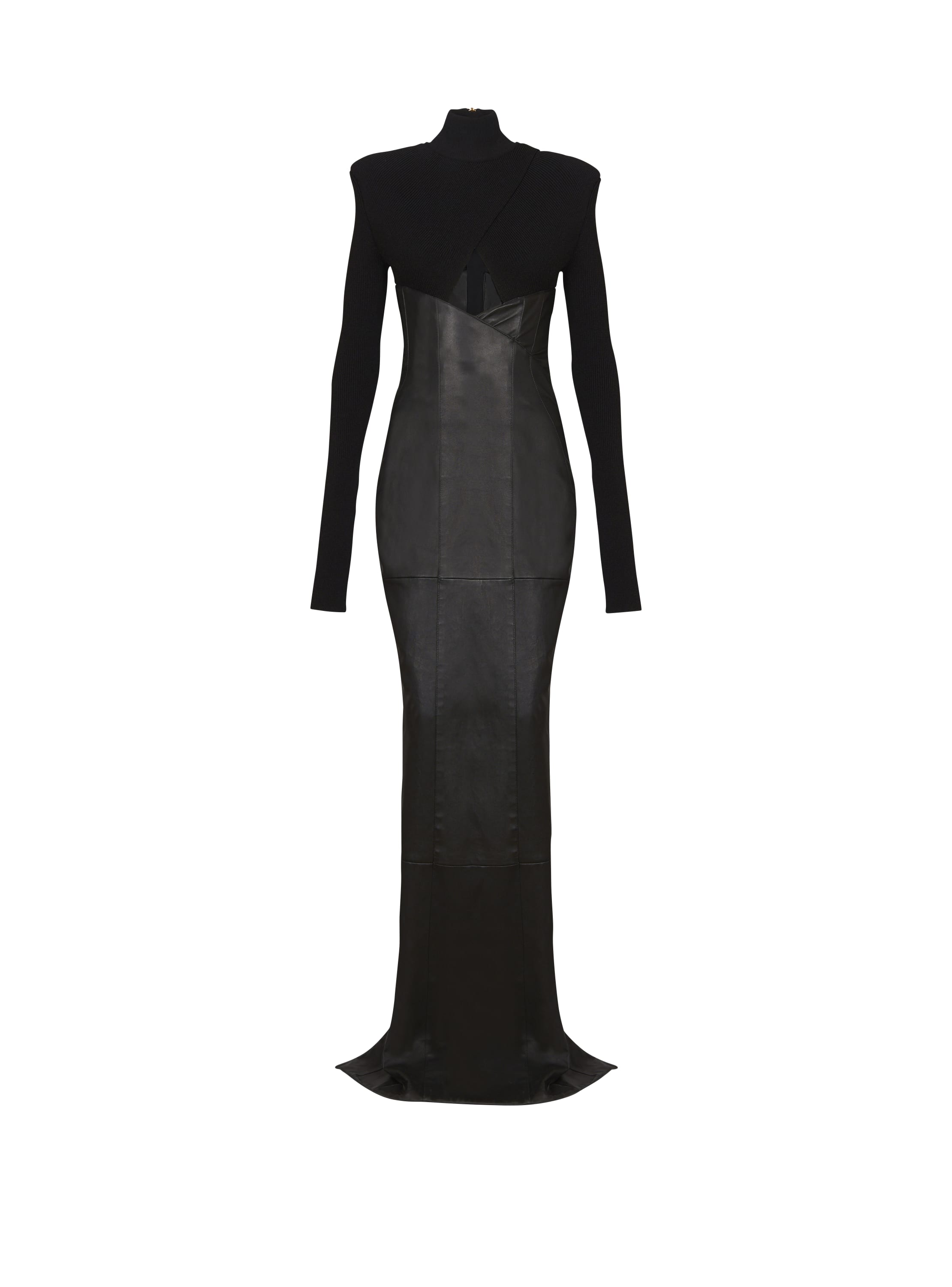 Balmain Long Knit And Lambskin Leather Dress In Black