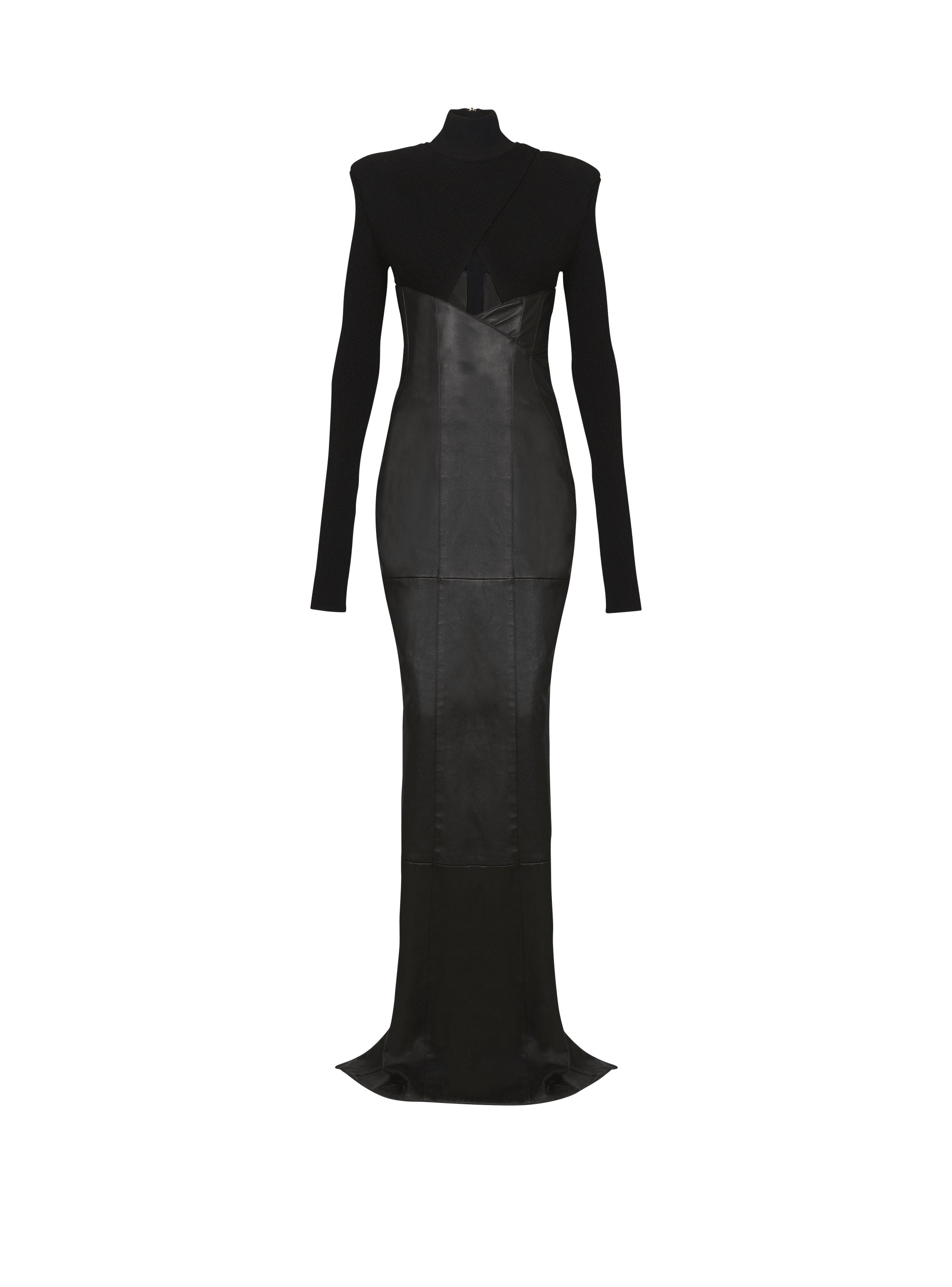 Balmain Women's Black - Long Knit And Lambskin Leather Dress
