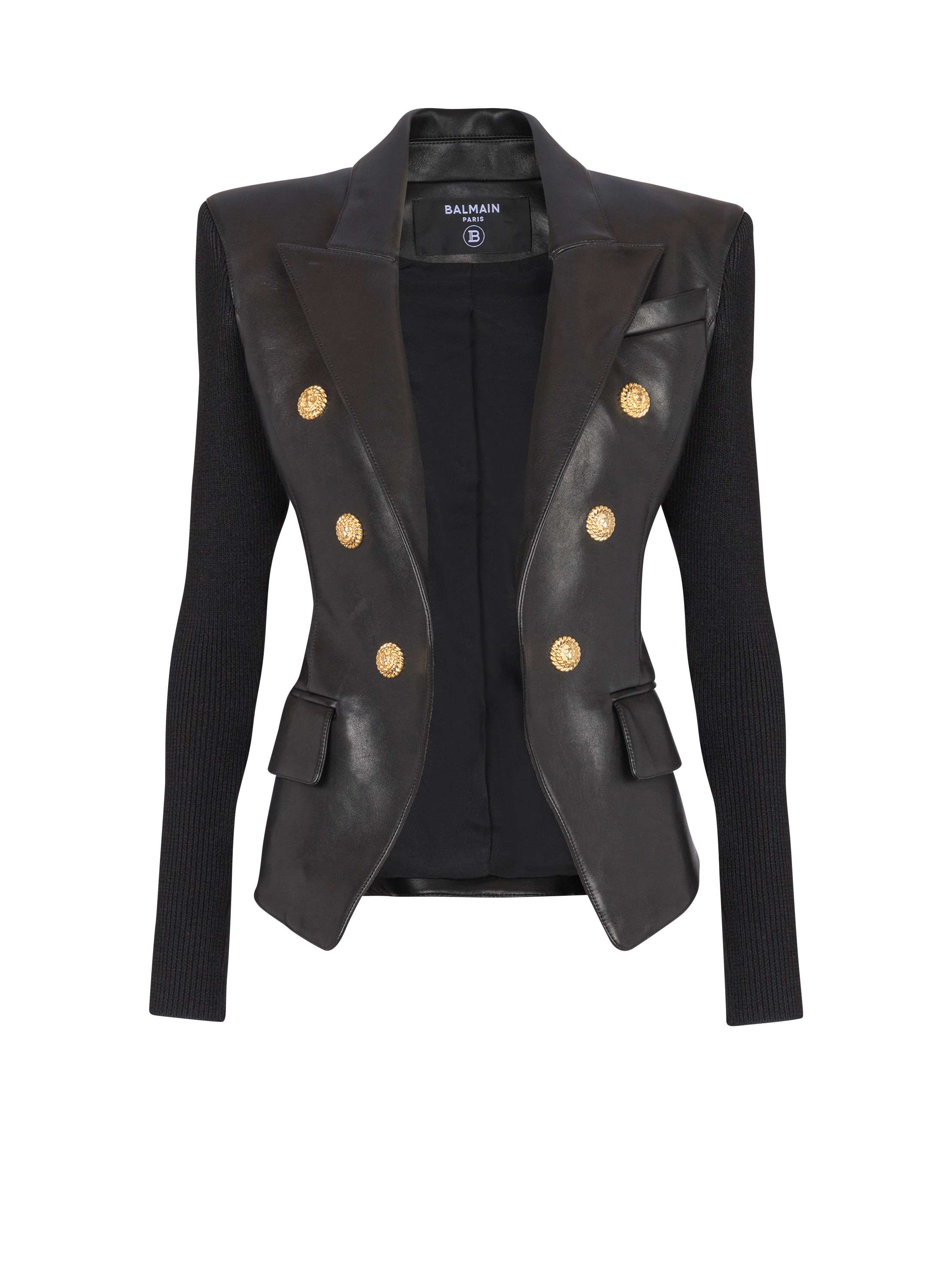 Balmain Six-buttons Knit Lambskin Leather Jacket In Black