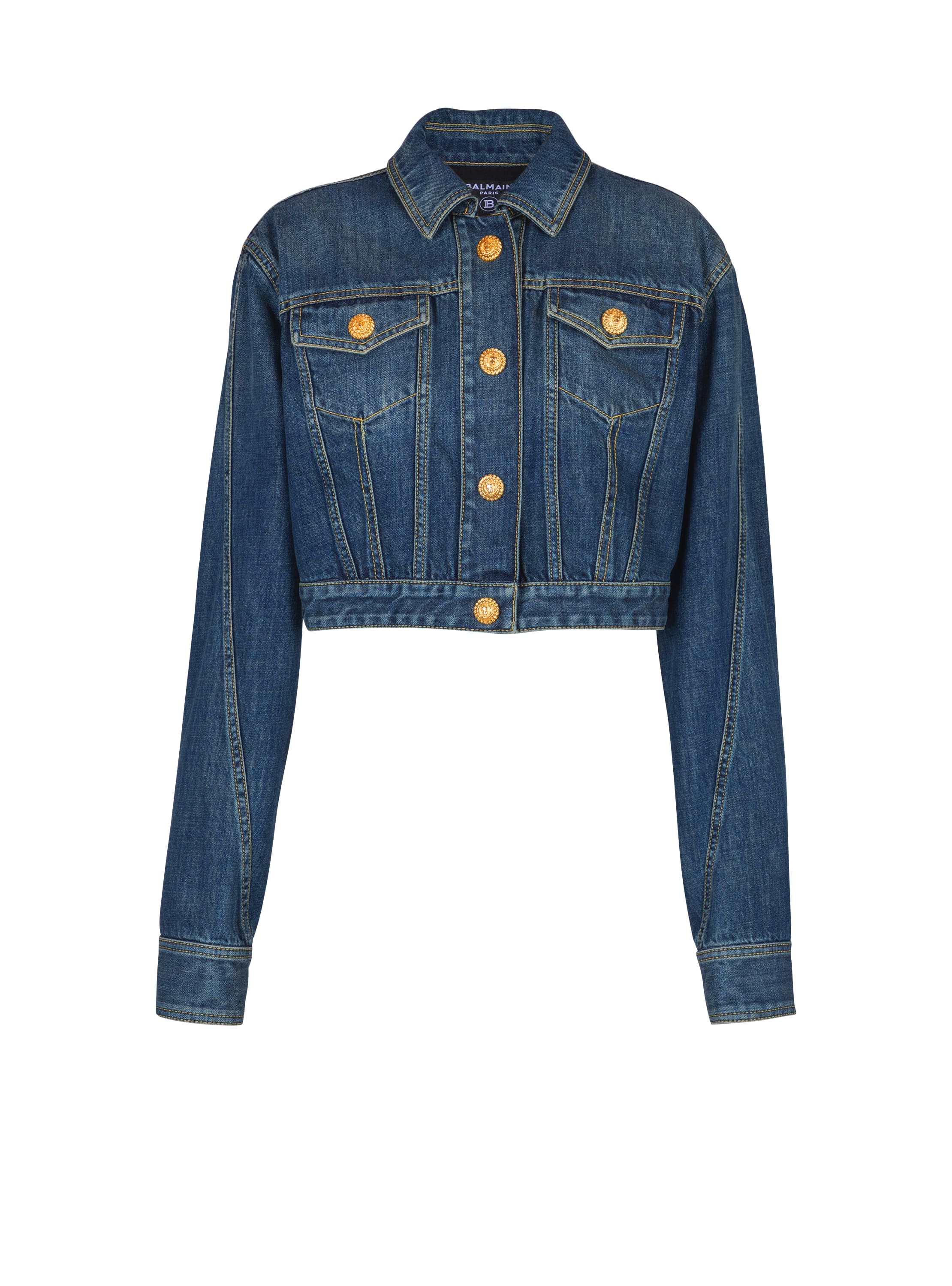 Balmain Cropped Faded Denim Jacket In Blue