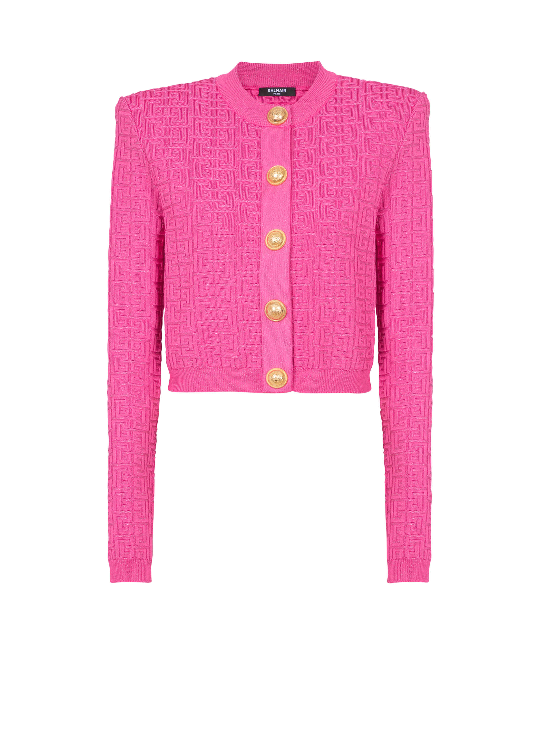 Balmain Cropped Monogrammed Knit Cardigan In Pink