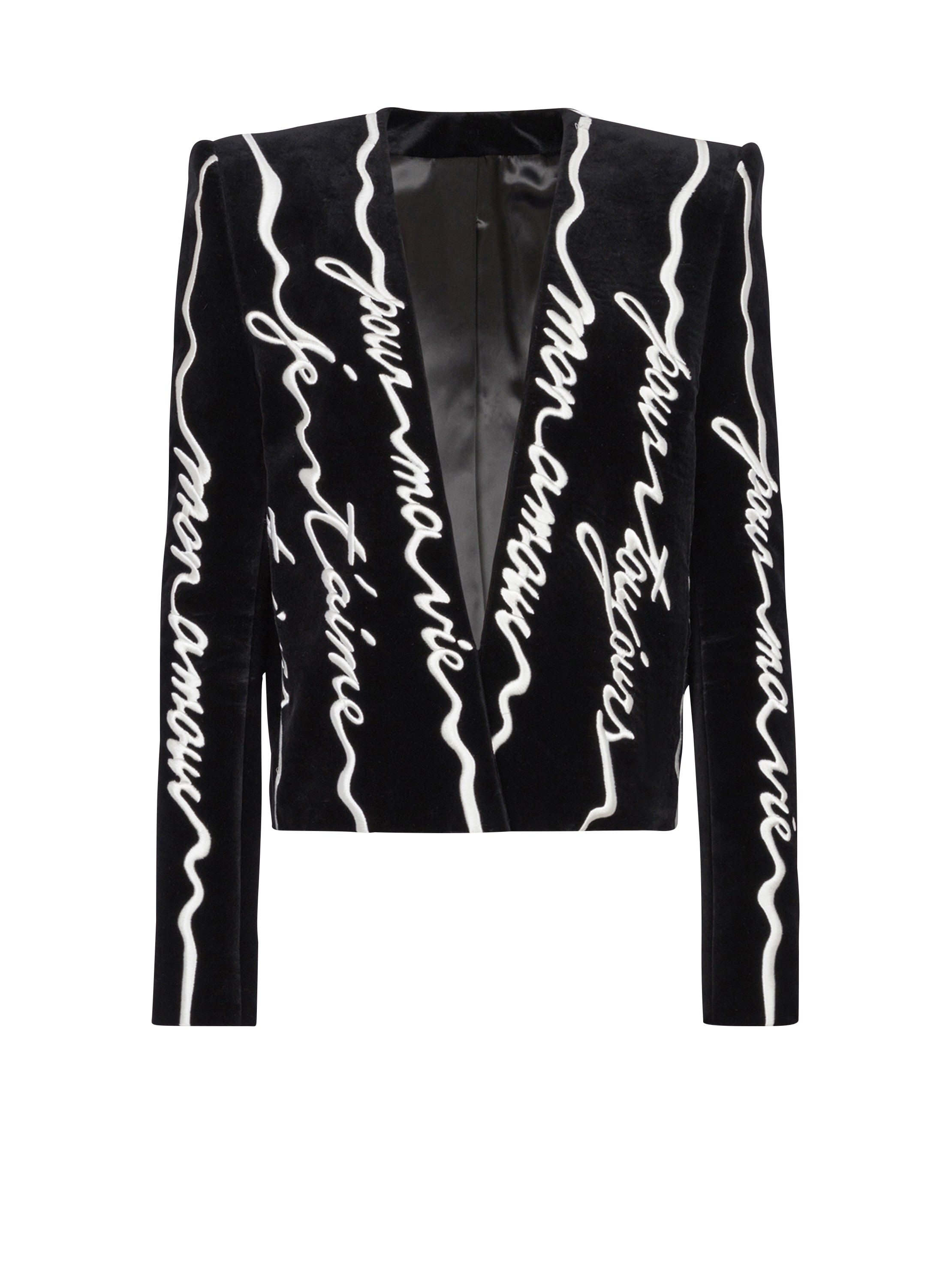 Balmain Cropped velvet jacket with all-over "Love Letter" embroidery