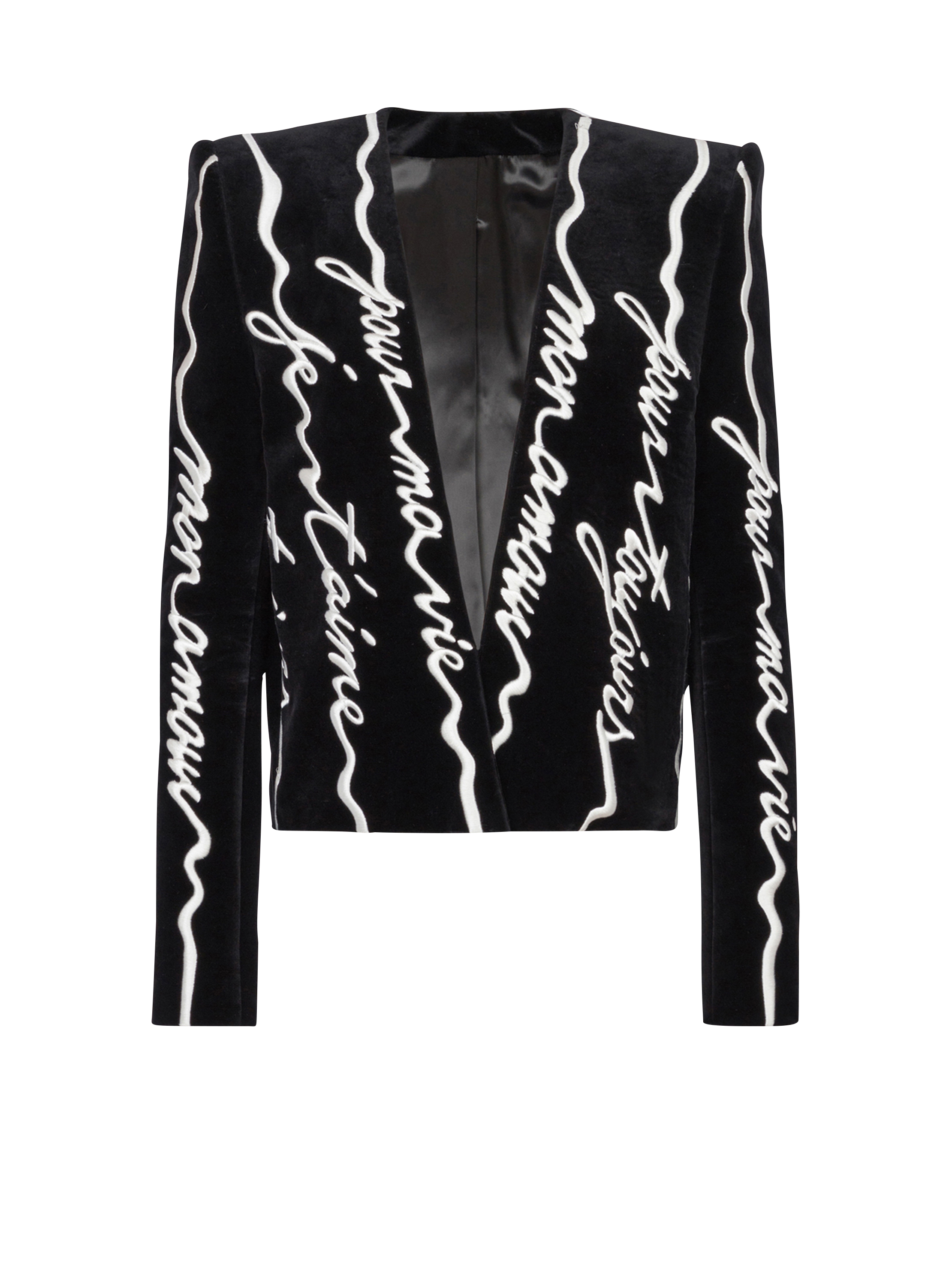 Balmain Men's Black - Cropped Velvet Jacket With All-Over "Love Letter" Embroidery