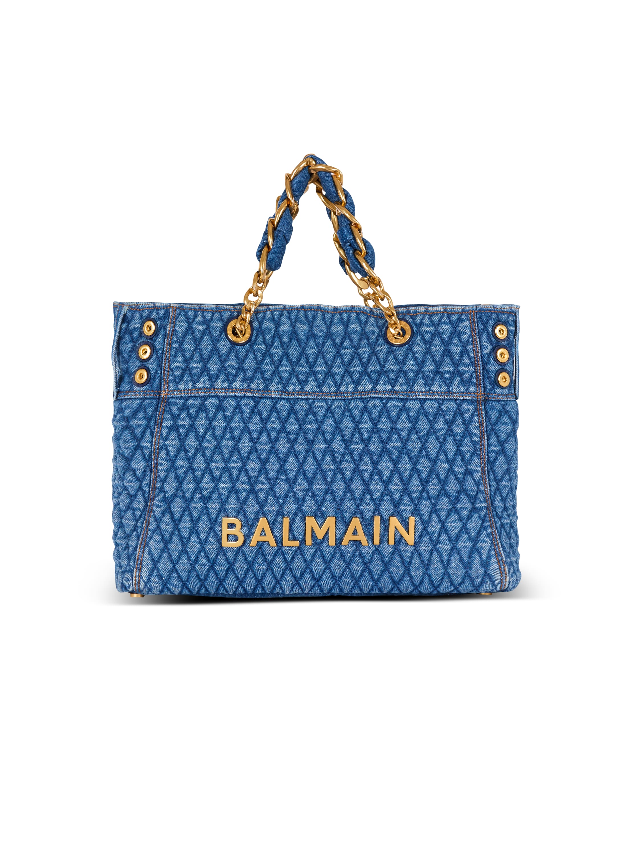 Balmain 1945 Soft Tote Bag In Diamond-quilted Denim In Blue