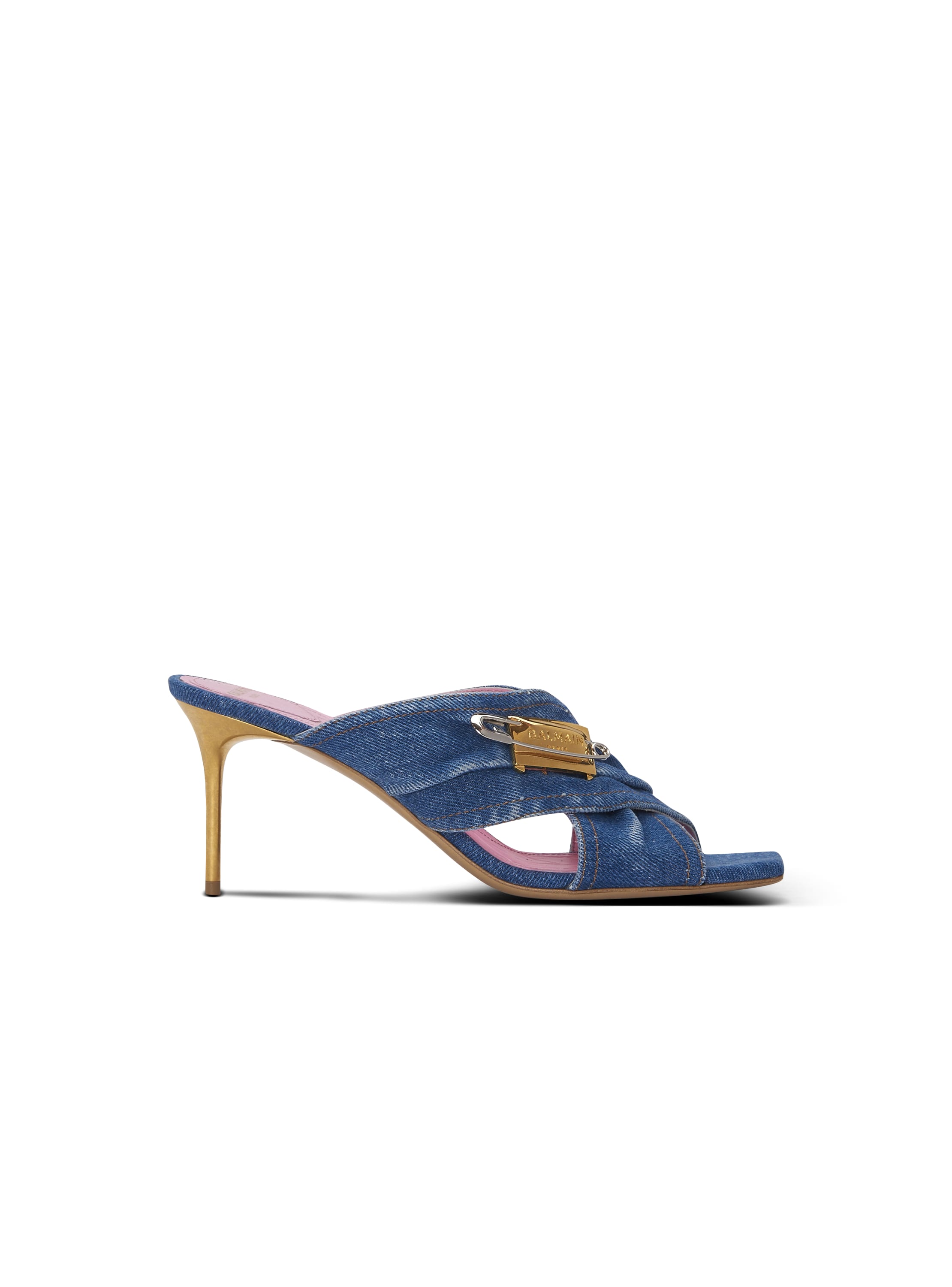 Balmain Denim Safety Pin Mules In Blue