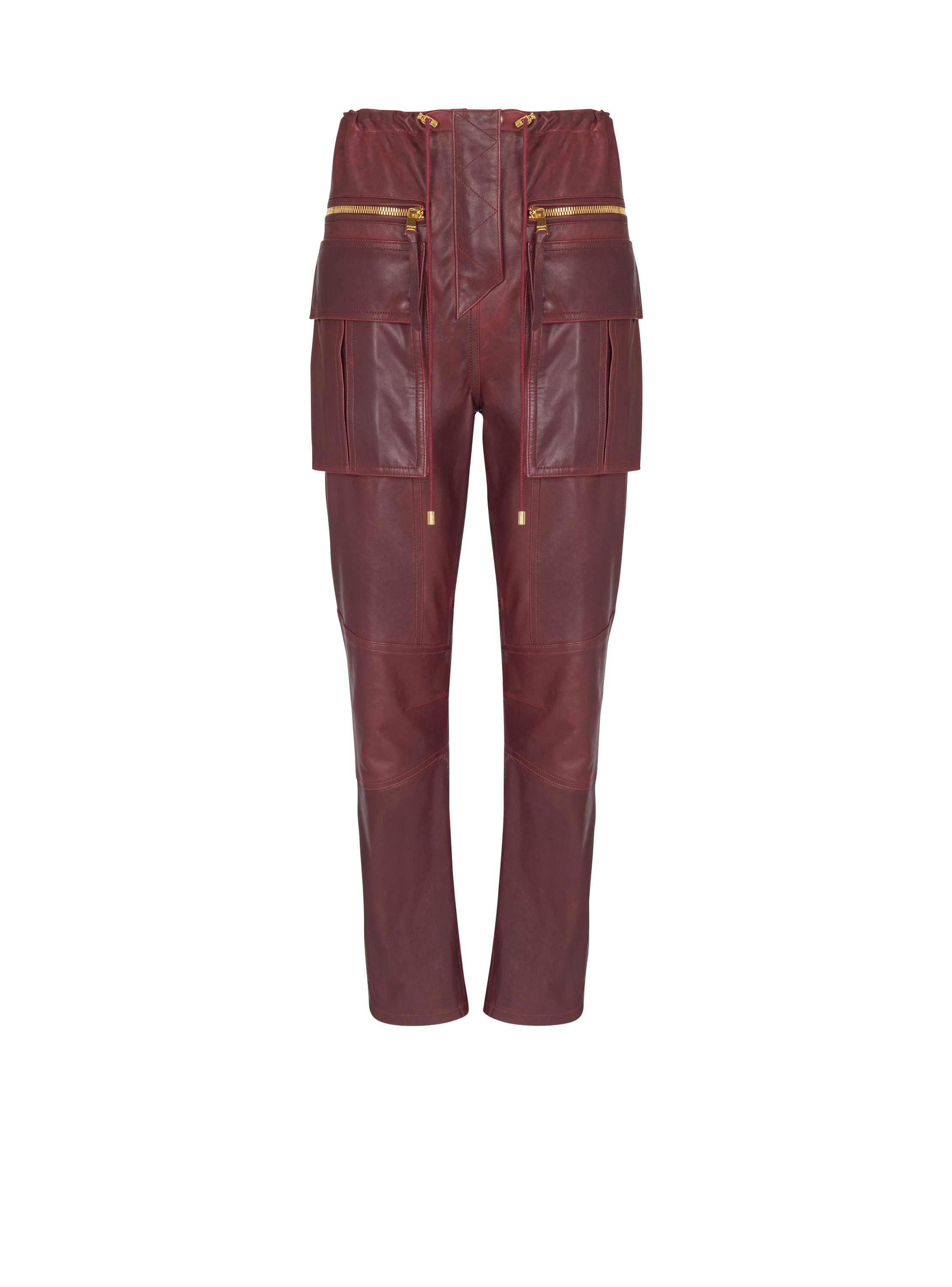Balmain Lambskin Leather Cargo Pants In Burgundy