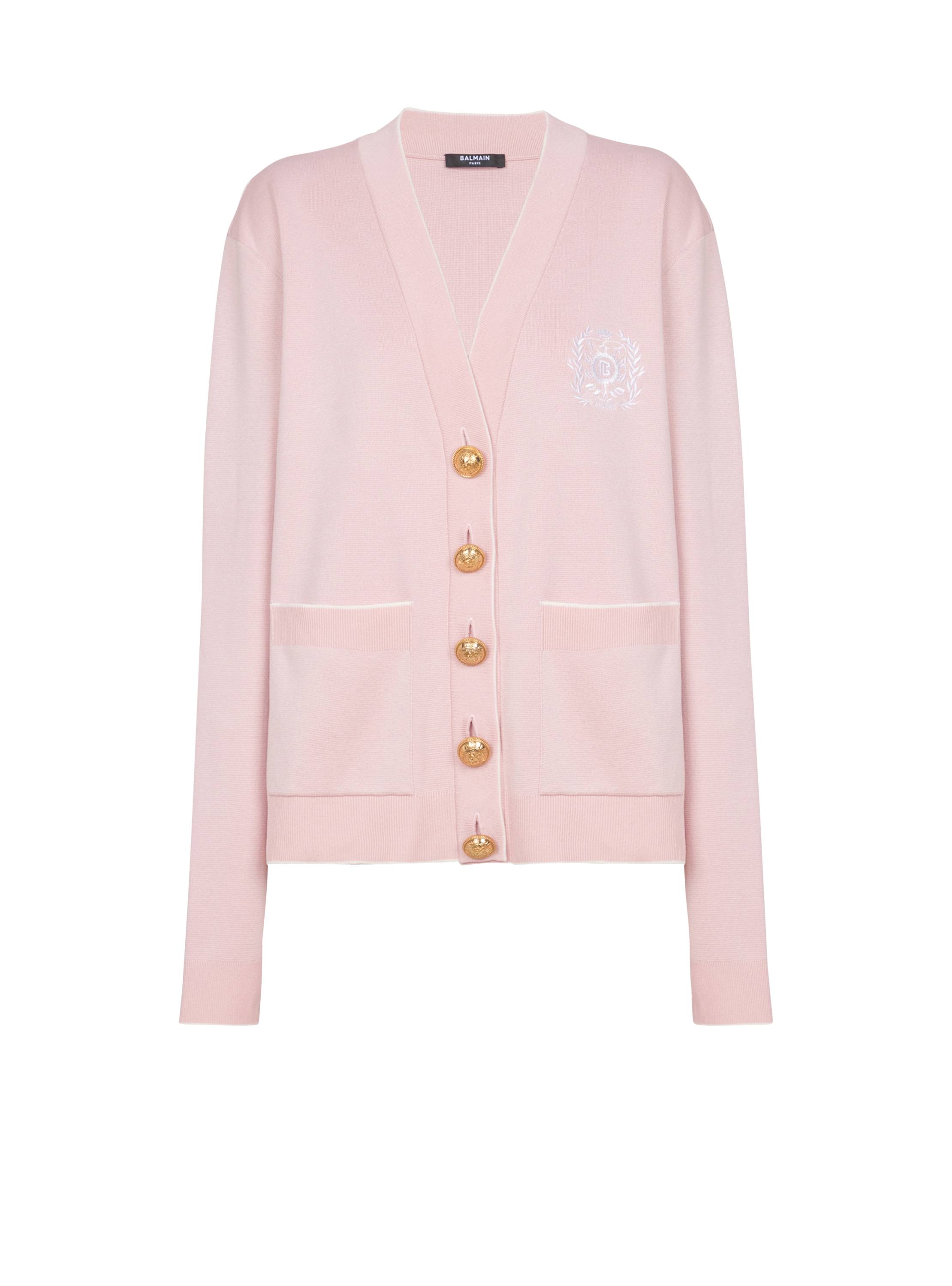 Balmain Emblème-embroidered Knit Cardigan In Pink