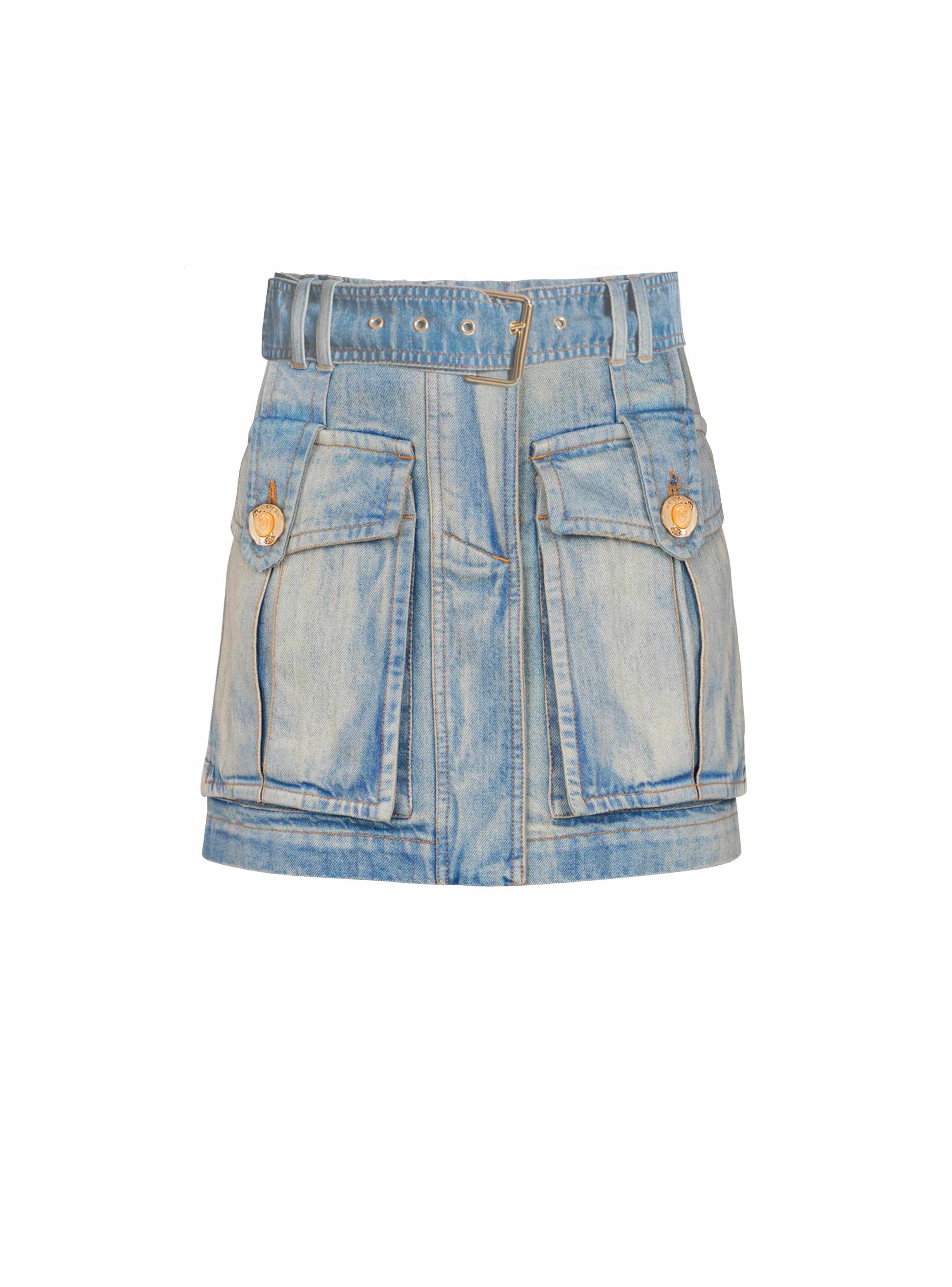Balmain Denim Skirt With Pockets In Blue