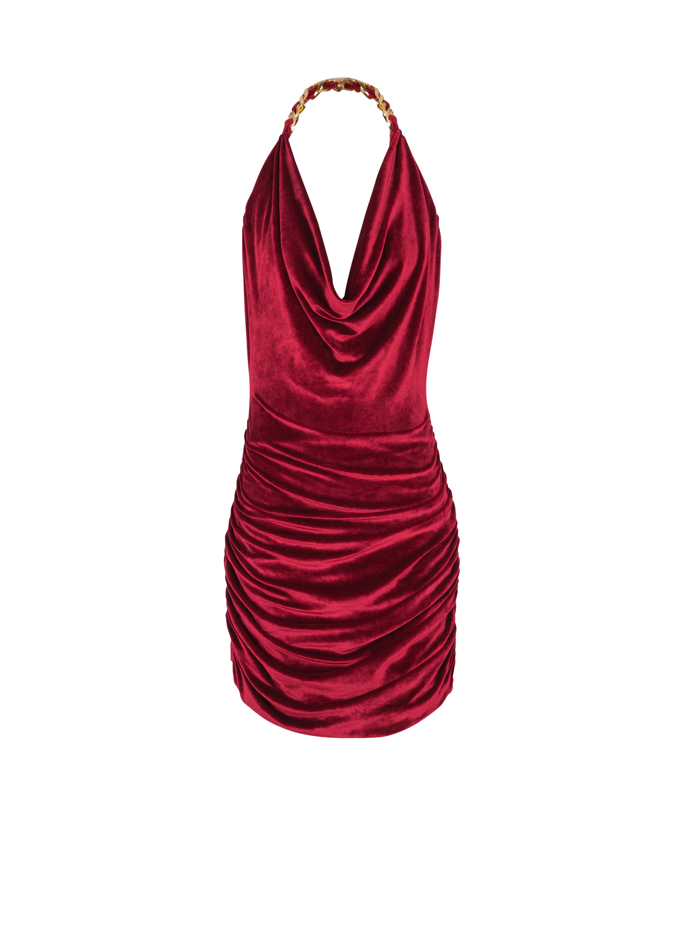 Balmain Women's Red - Chain Strap Draped Velvet Short Dress