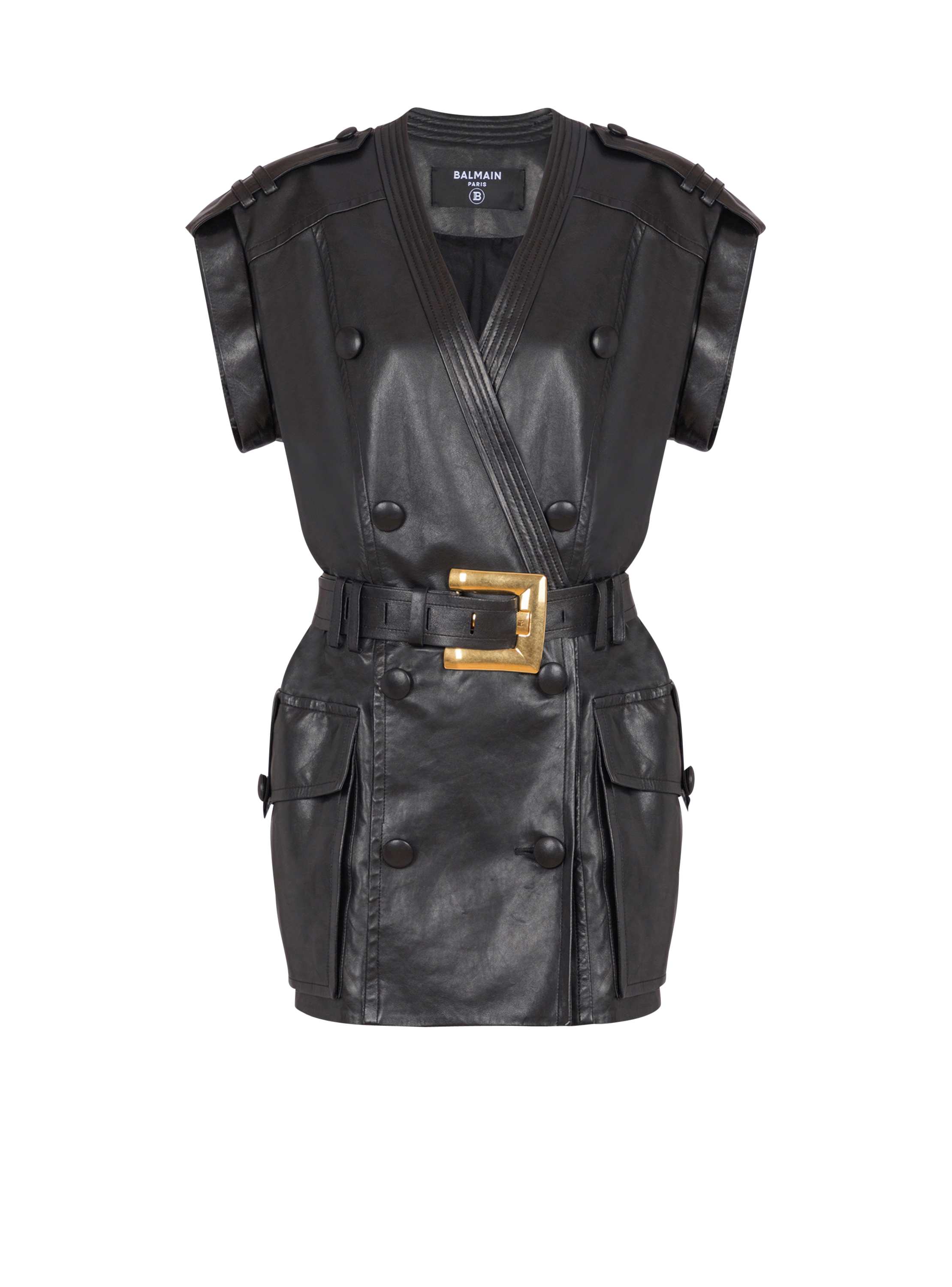 Balmain Lambskin Leather Short Belted Dress In Black