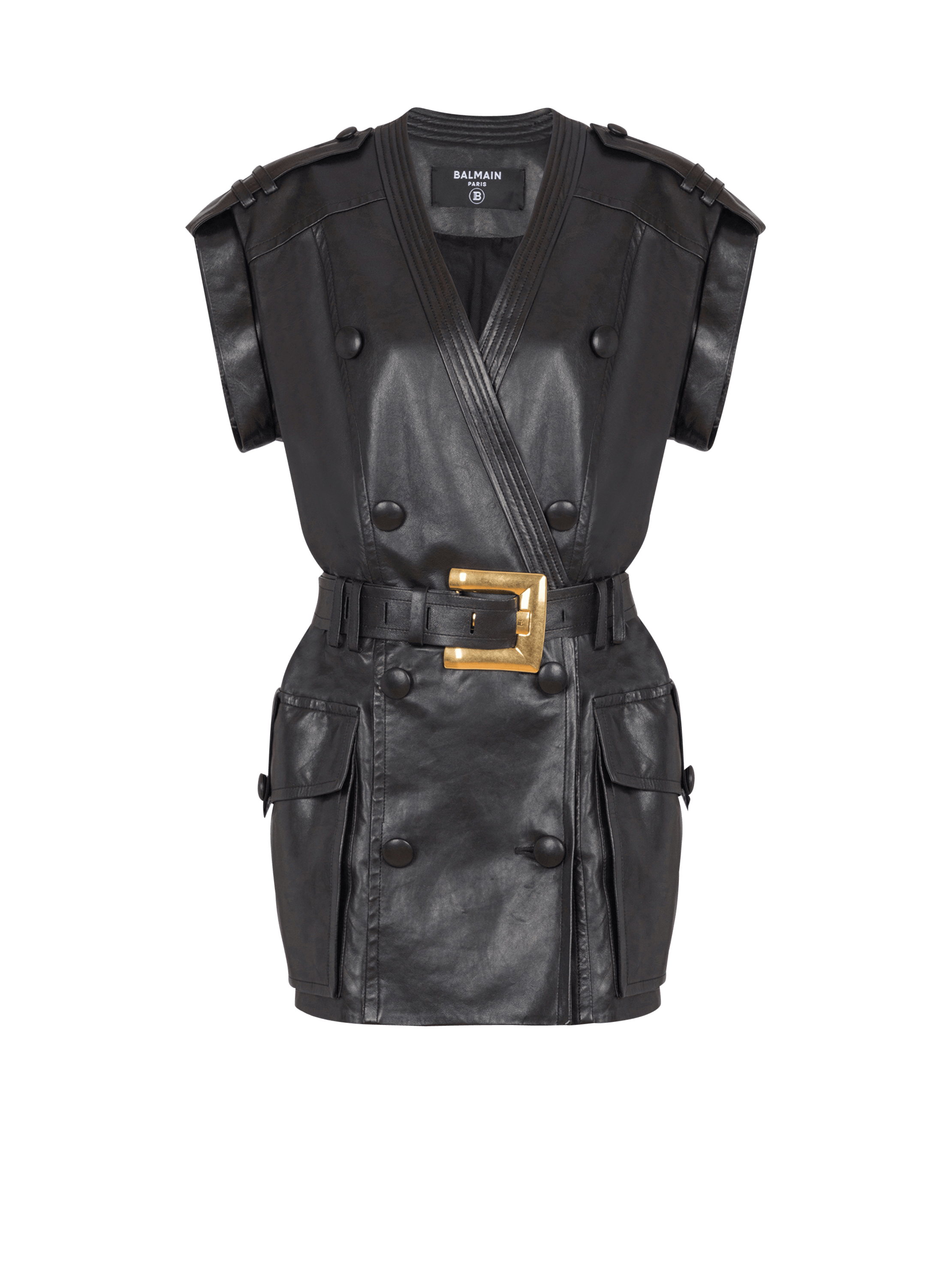 Balmain Women's Black - Lambskin Leather Short Belted Dress