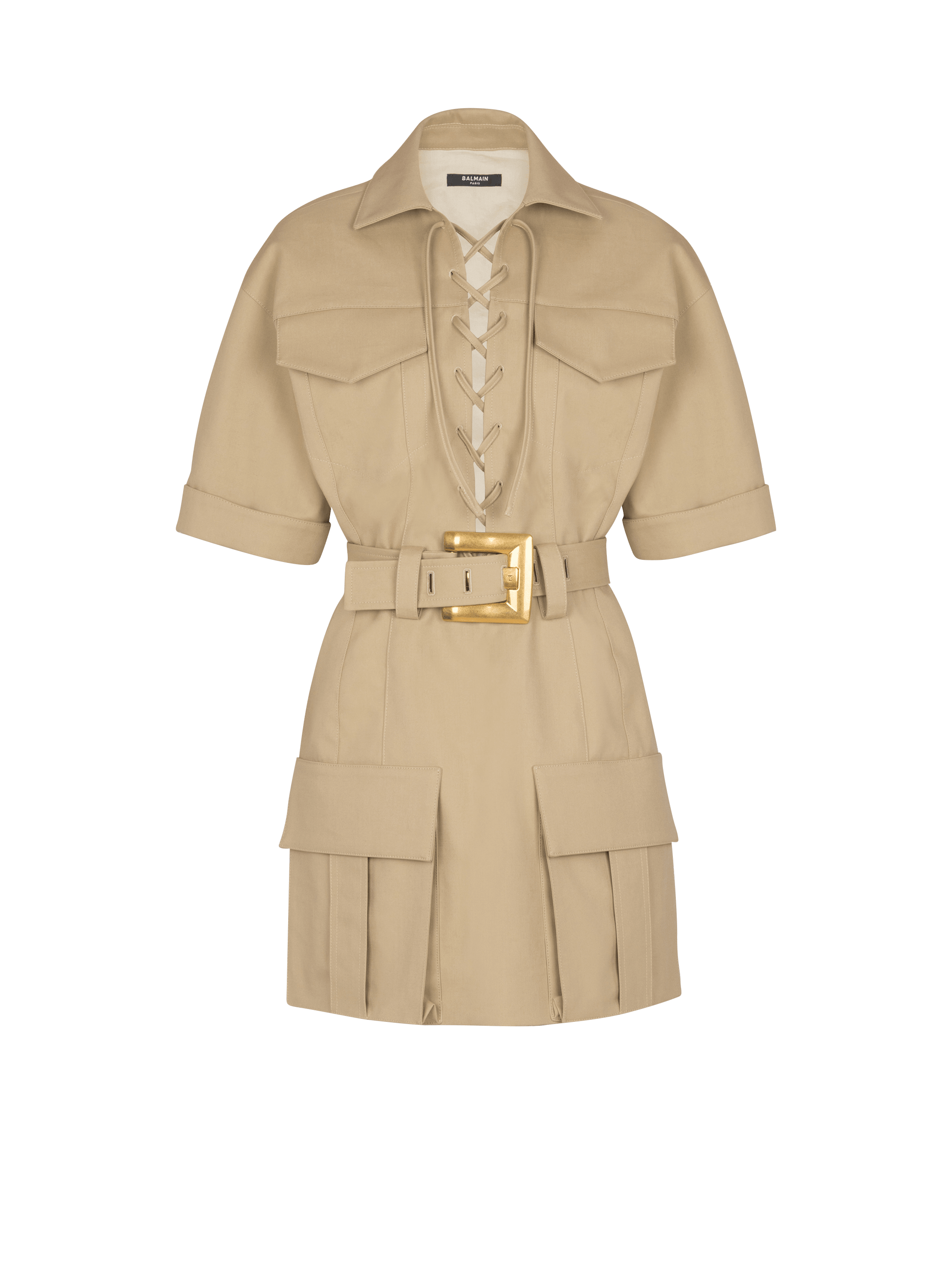 Balmain Femme Beige - Robe Courte En Gabardine De Coton À Laçages