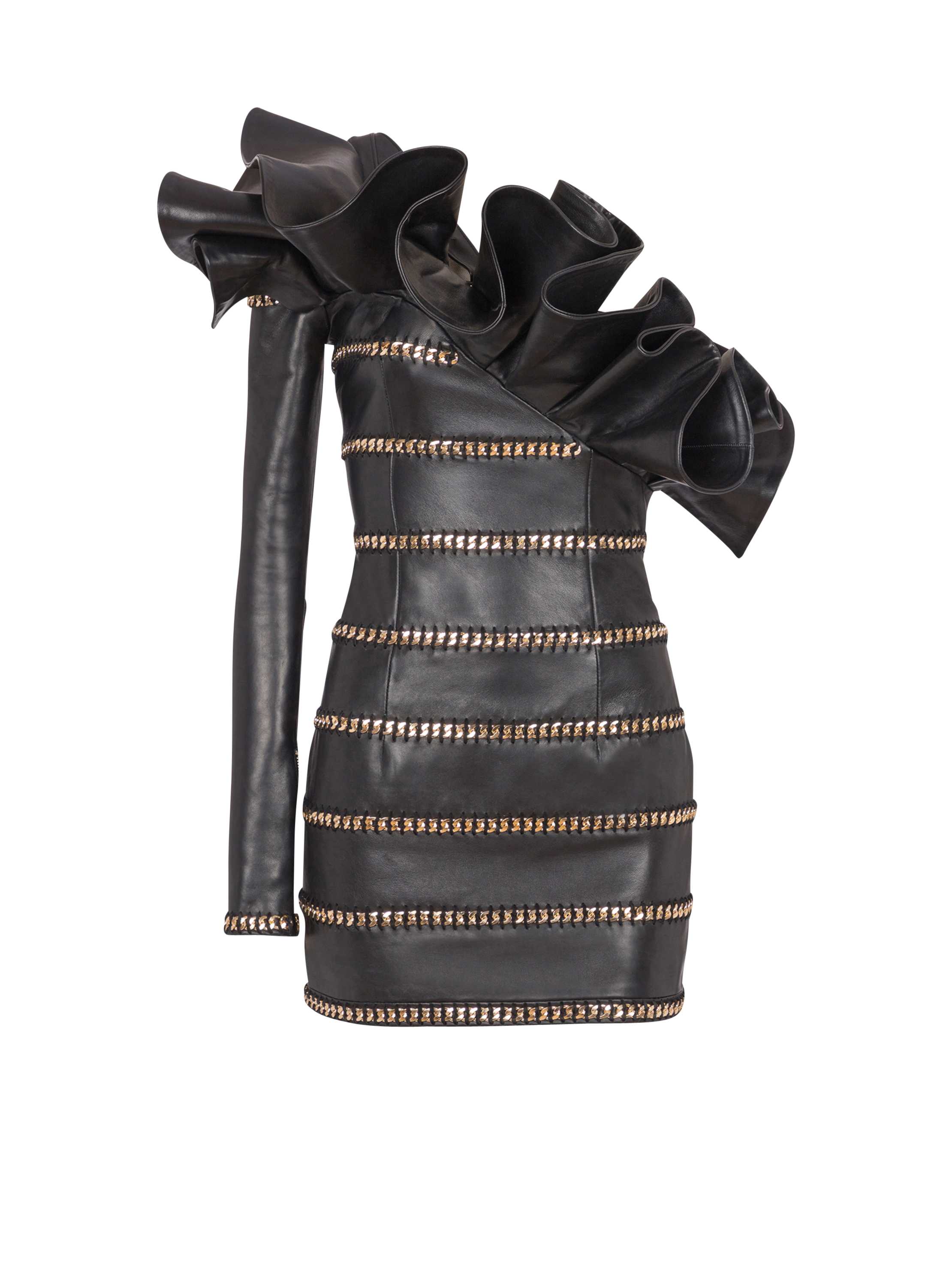 Balmain Asymmetric Leather Bodycon Dress With Chains In Black
