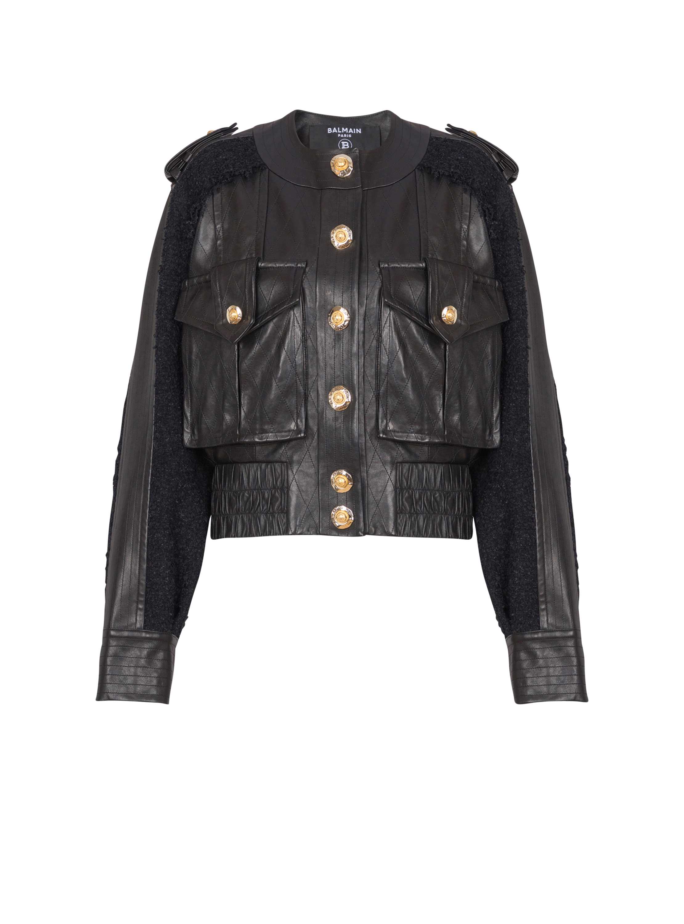 Balmain Tweed And Leather Bomber Jacket In Black