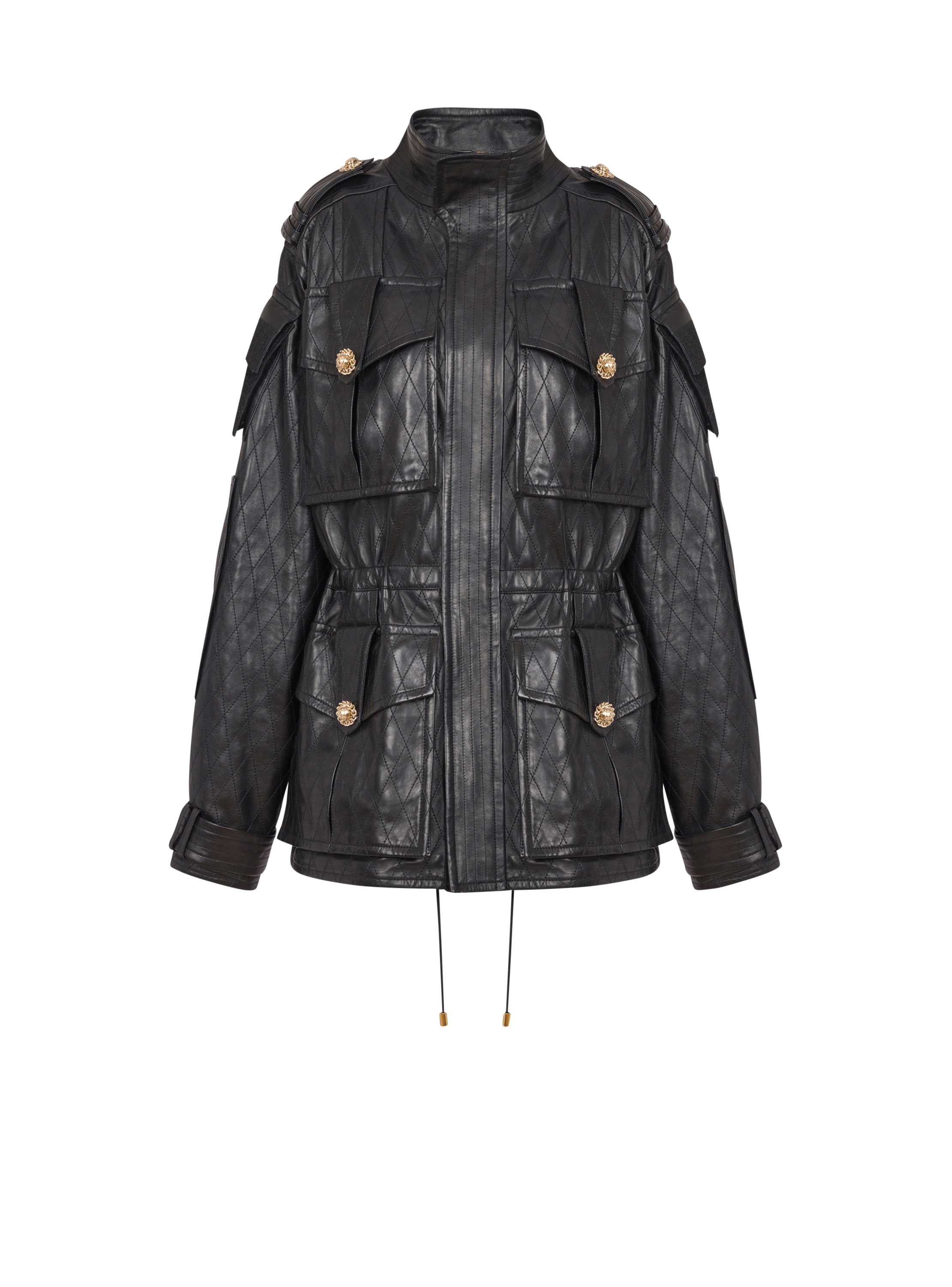 Balmain Lambskin Leather Parka With Topstitched Diamond Pattern In Black
