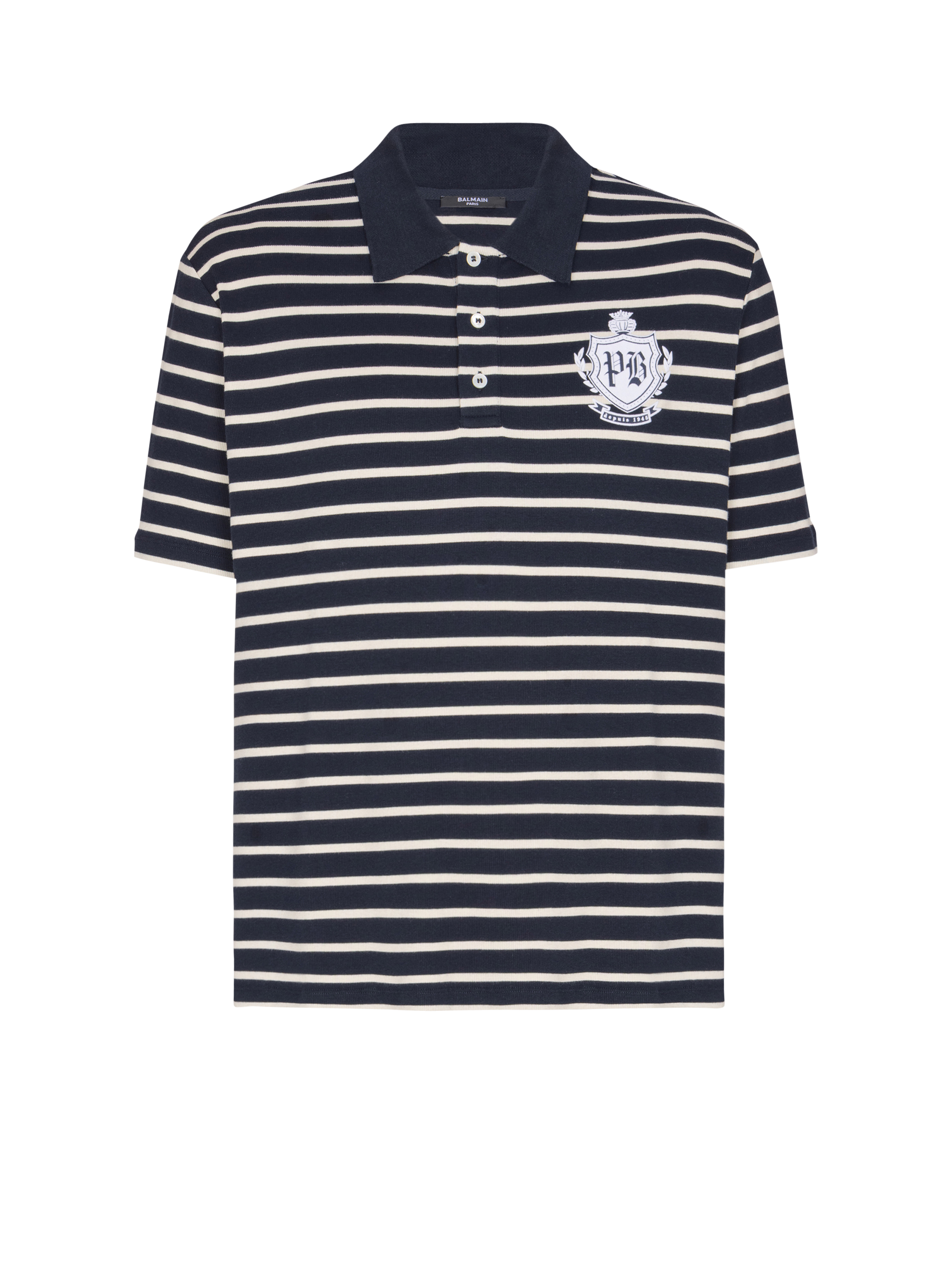 Balmain Men's Blue - Striped College Emblem Polo