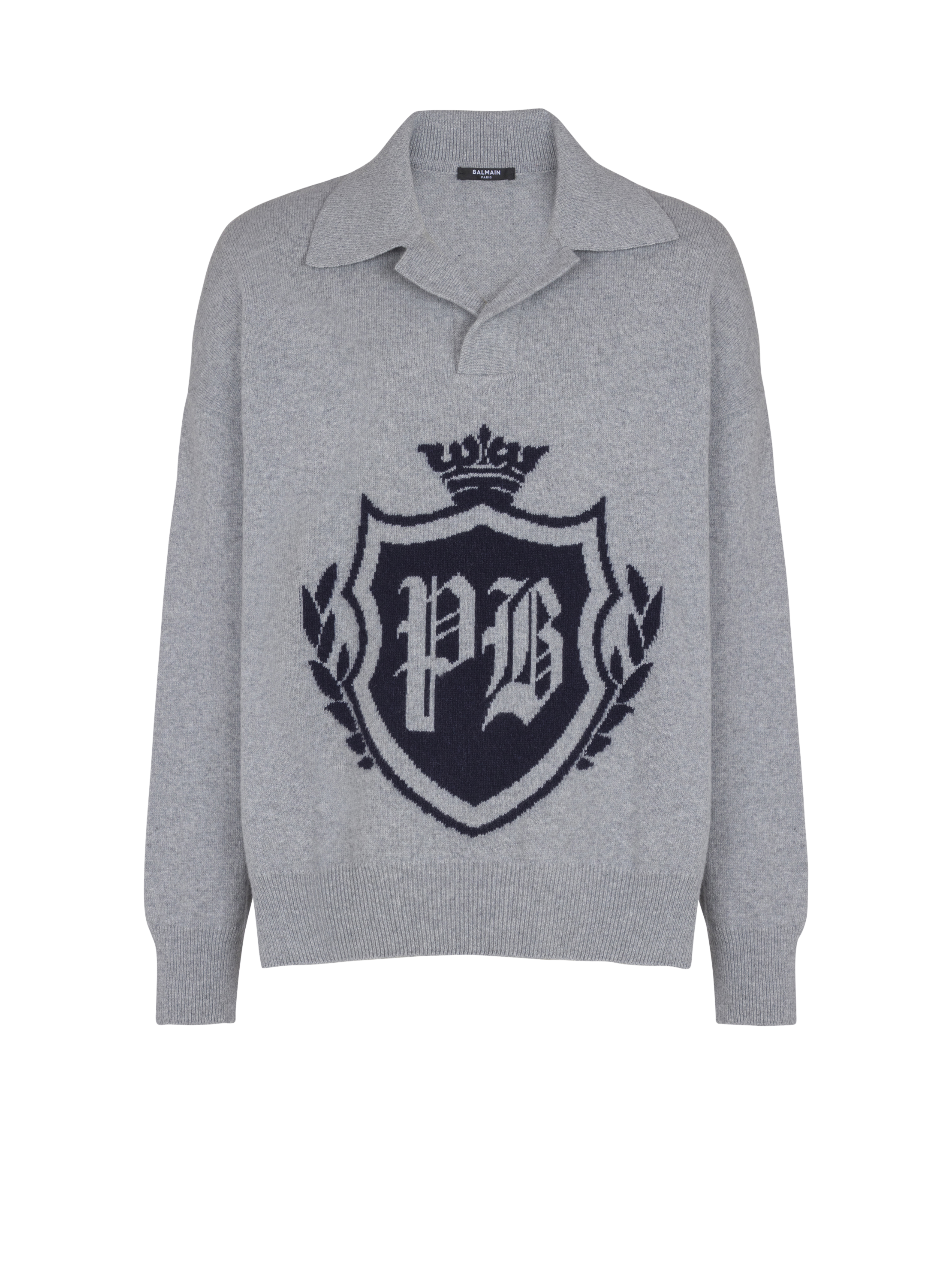 Balmain Men's Grey - College Emblem Polo Sweater In Eco-Cashmere