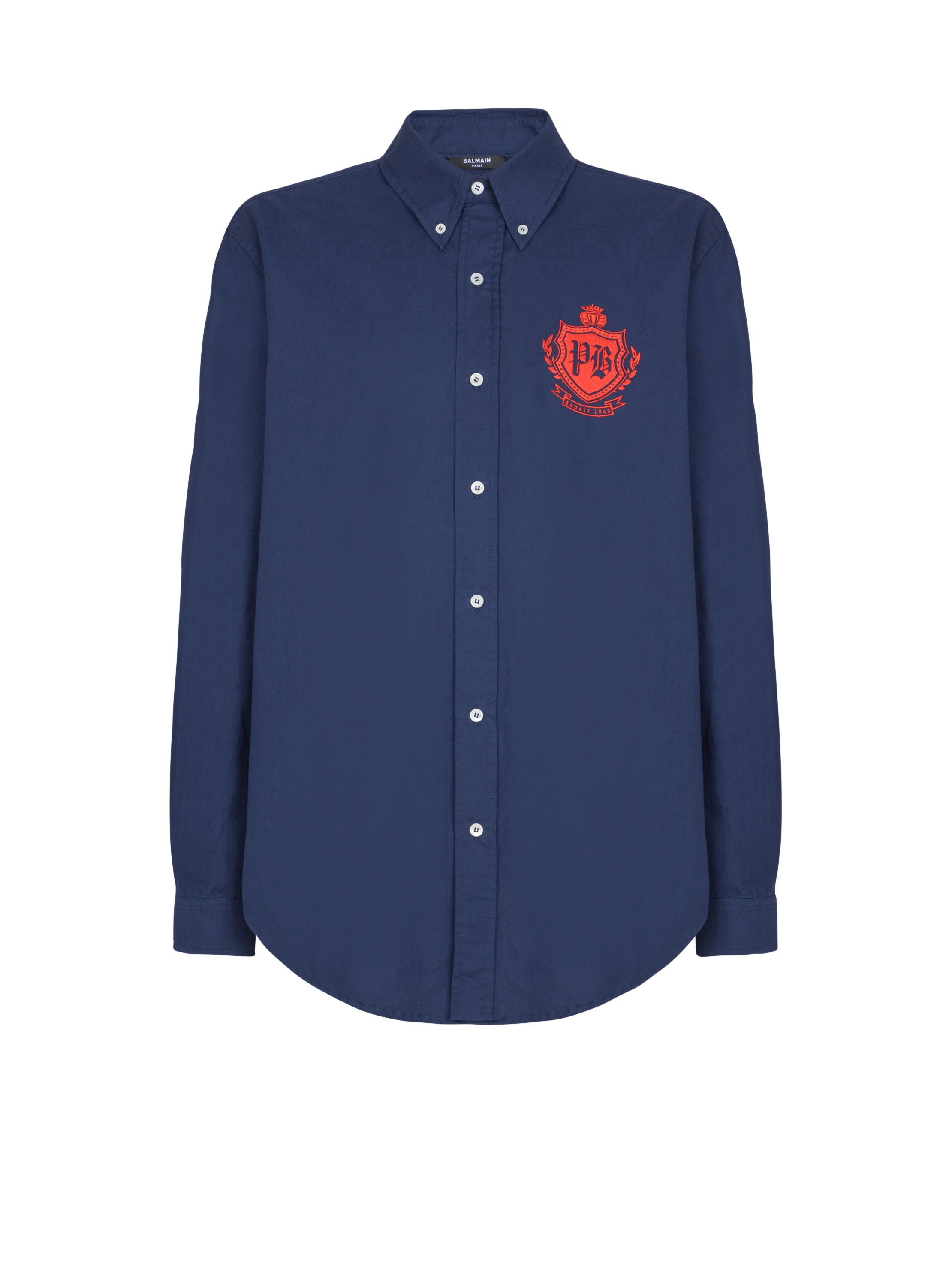 Balmain Men's Navy - College Emblem Shirt In Oxford Cotton
