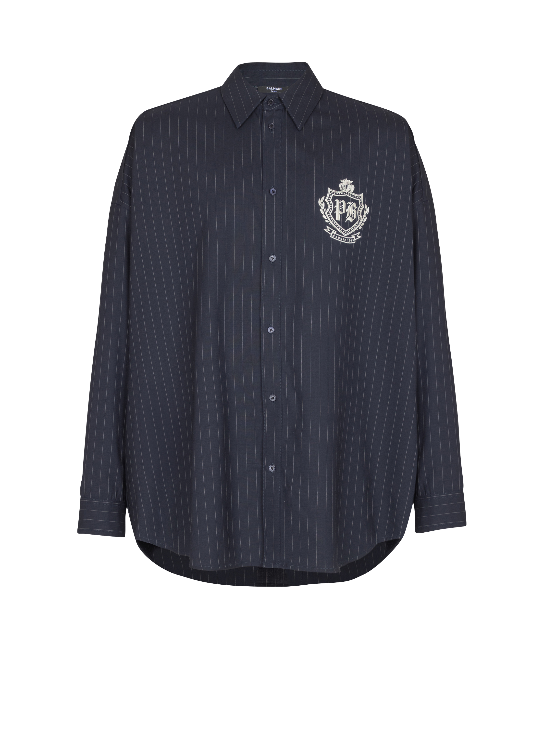 Balmain Men's Navy - Striped Wool College Emblem Shirt