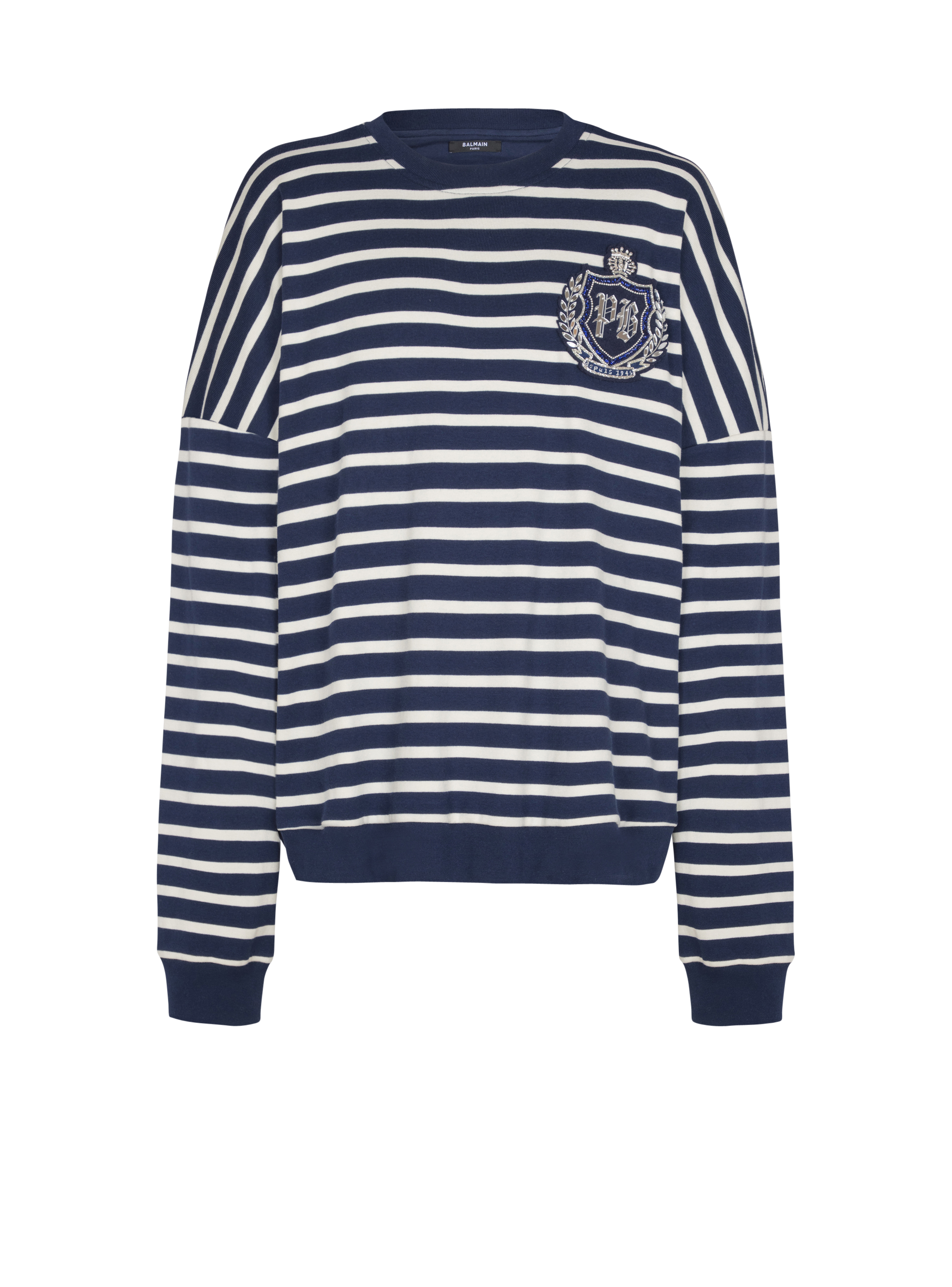 Balmain Men's Blue - Cotton College Emblem Sweatshirt With Breton Stripes