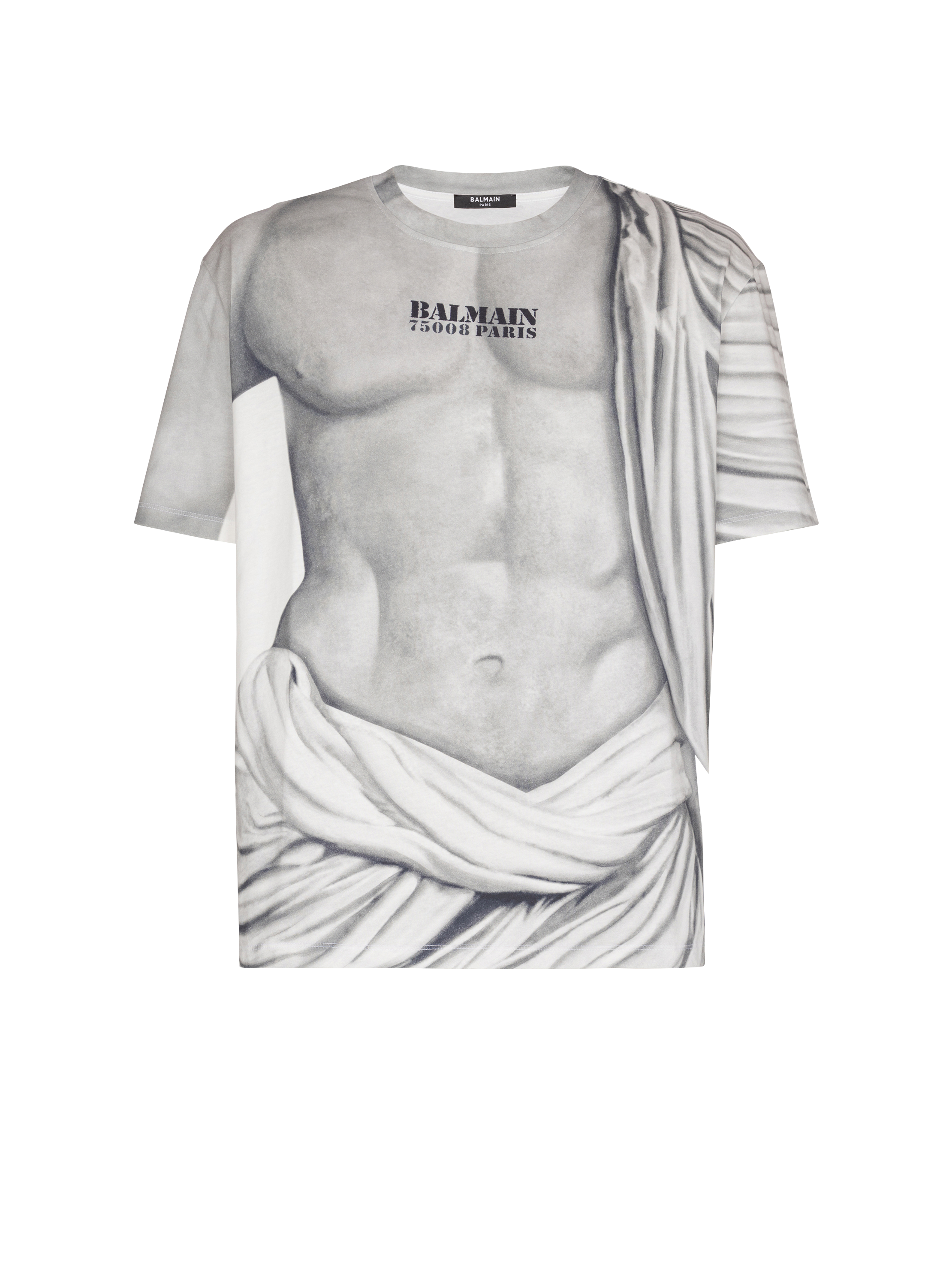 Balmain Men's Grey - Logo T-Shirt With Statue Print