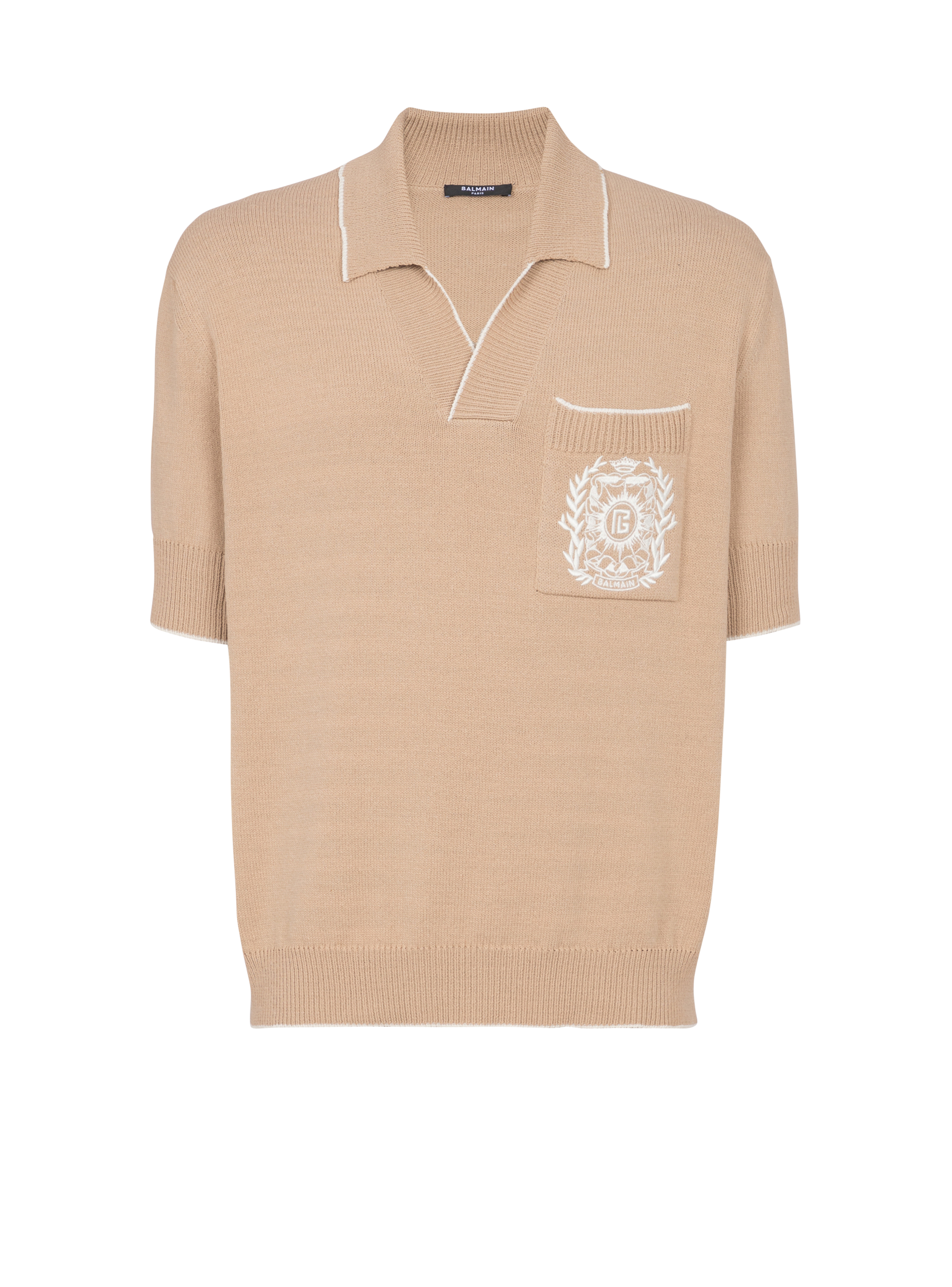 Balmain Men's Beige - Écusson Embroidered Knit Polo Shirt