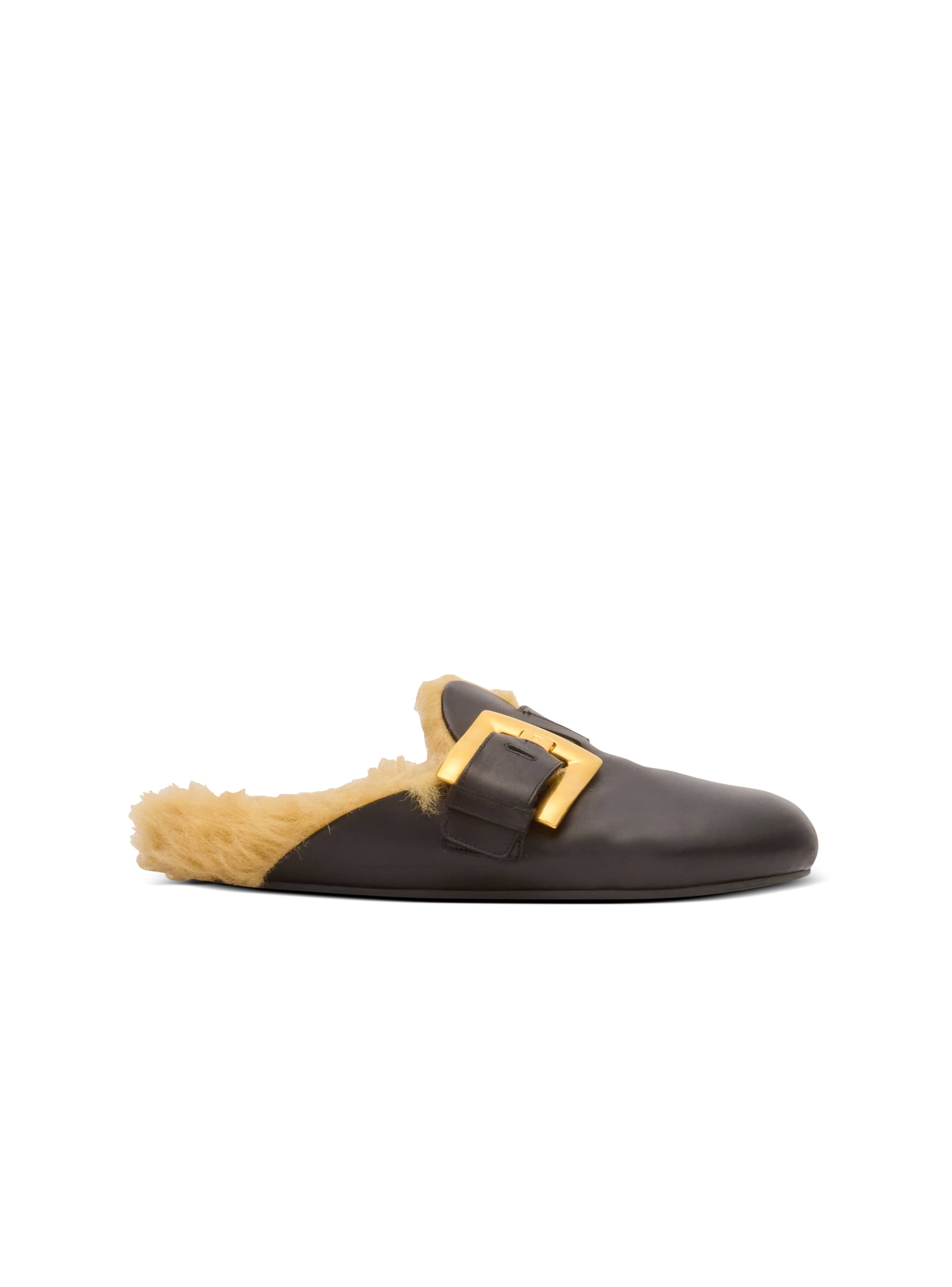 Balmain Flat Leather And Faux Fur Mules In Black