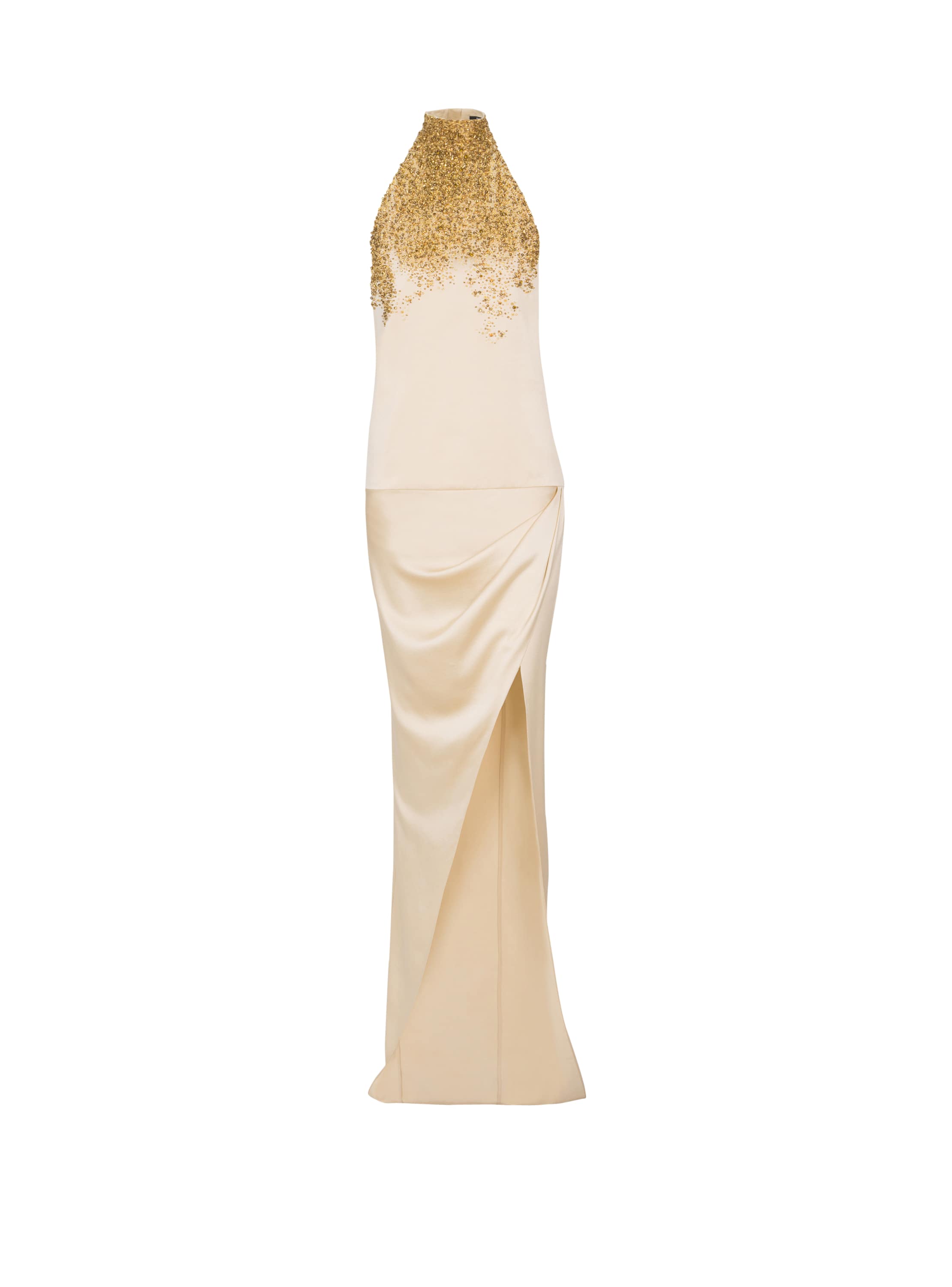Balmain Silk Halterneck Dress With Sand Effect Embroidery In Beige